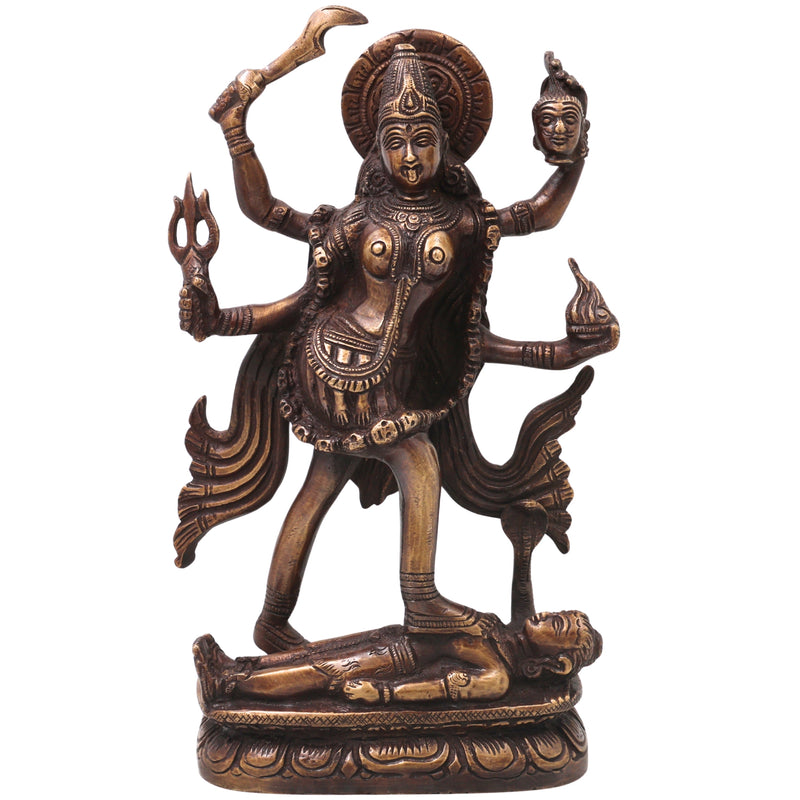 Handcrafted Brass Mahakali Idol Murti Traditional Chola Style Kali Mata Statue for Pooja Home Decor Gifting, Gold, 10 Inch, 1 Piece