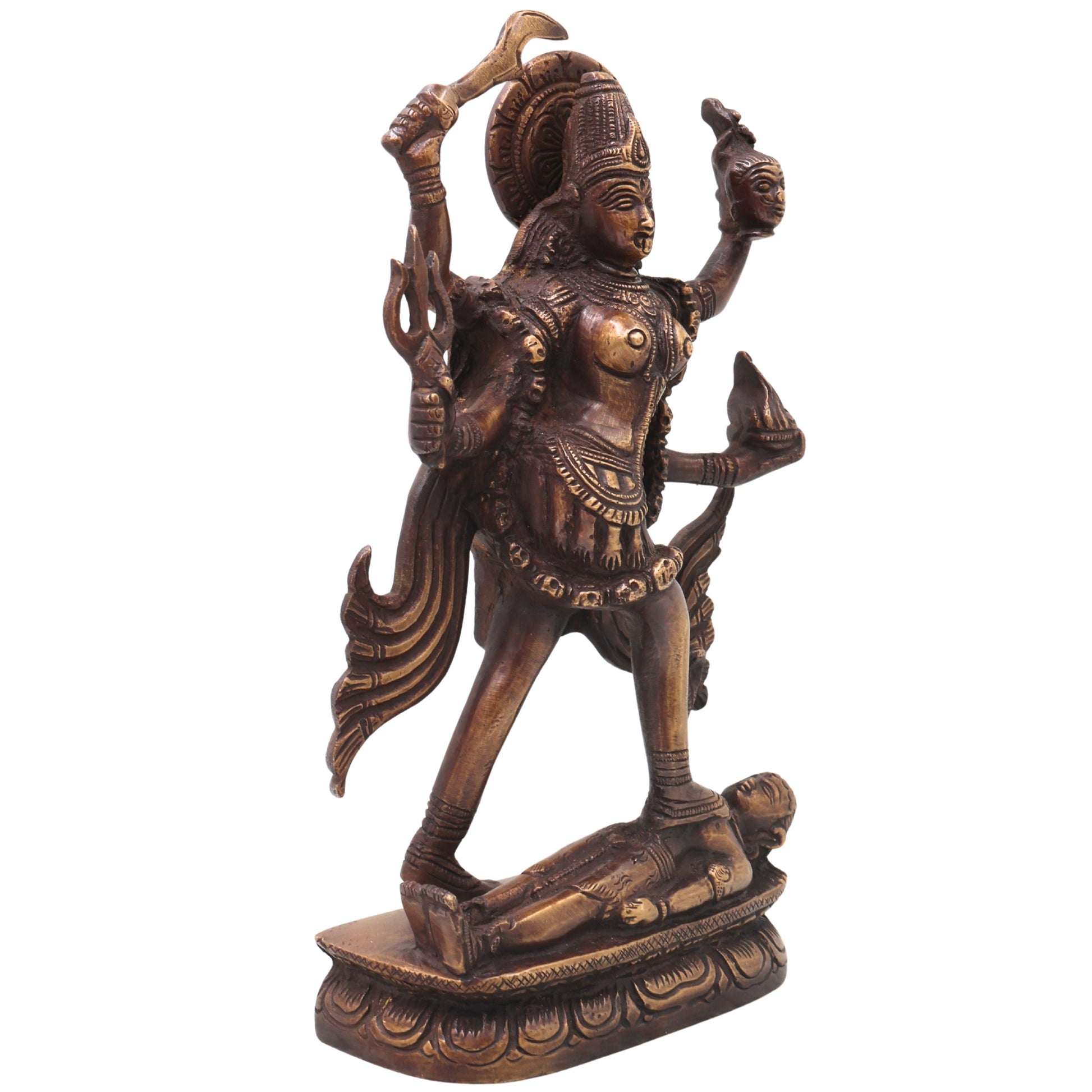 Handcrafted Brass Mahakali Idol Murti Traditional Chola Style Kali Mata Statue for Pooja Home Decor Gifting, Gold, 10 Inch, 1 Piece