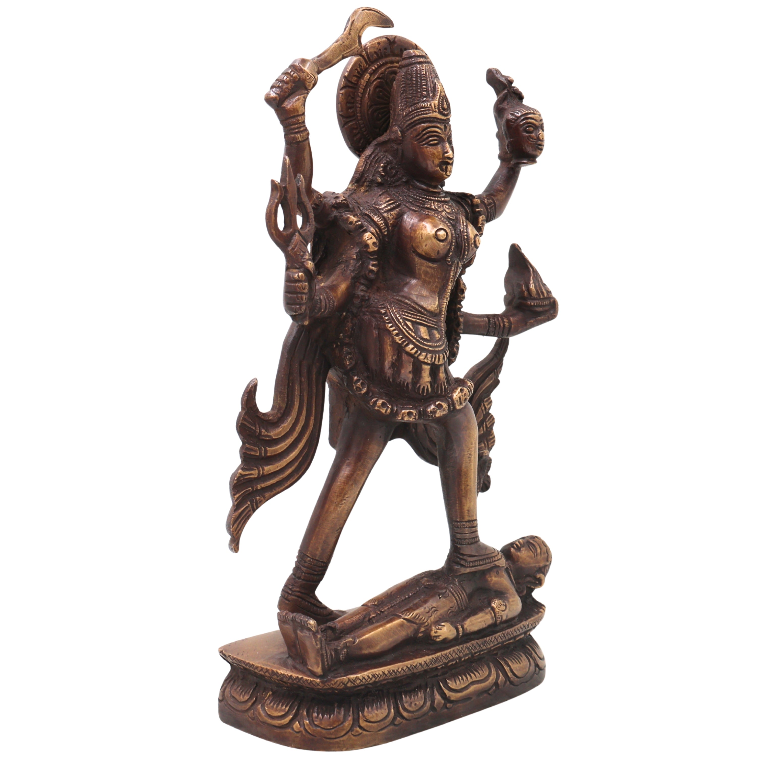 Handcrafted Brass Mahakali Idol Murti Traditional Chola Style Kali Mata Statue for Pooja Home Decor Gifting, Gold, 10 Inch, 1 Piece
