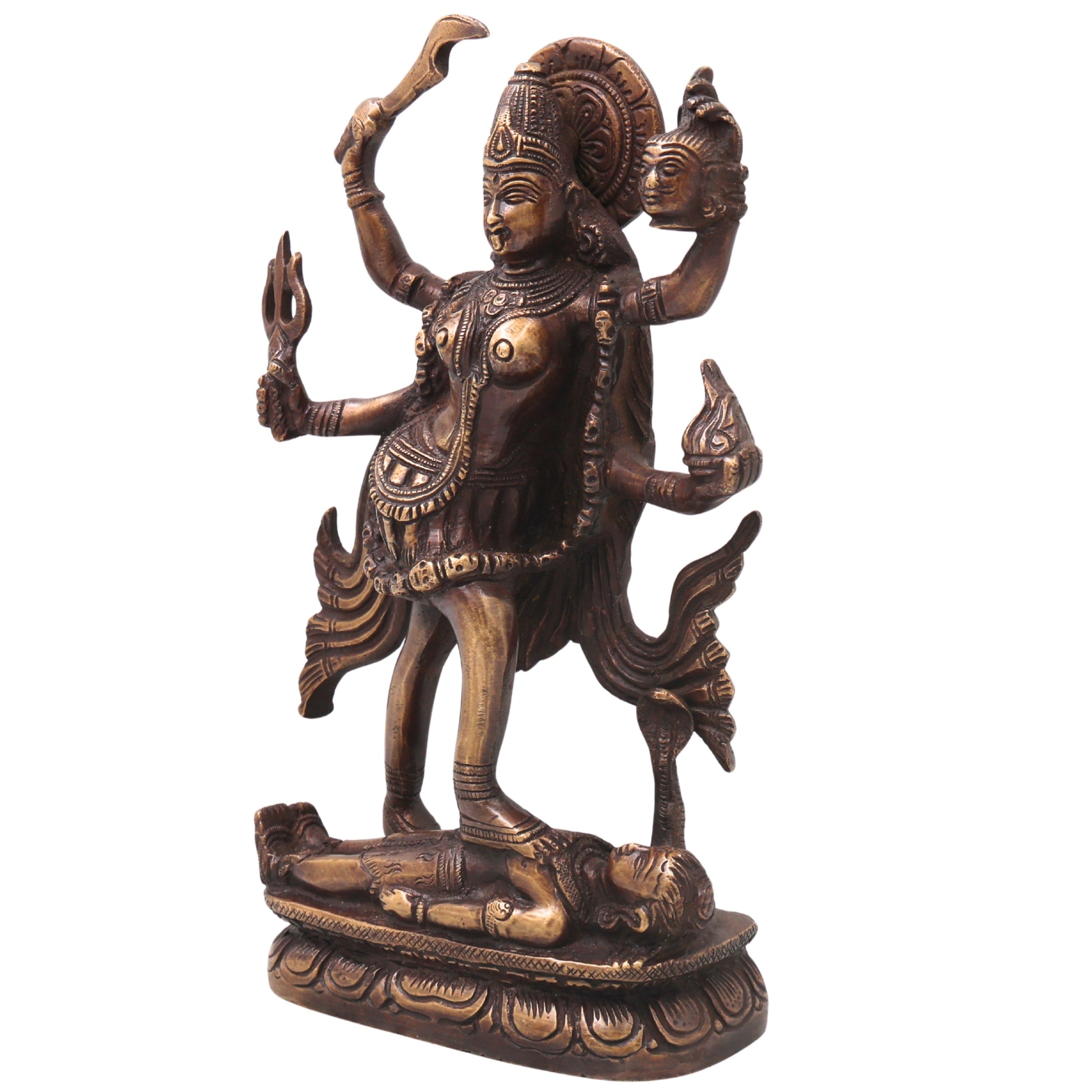 Handcrafted Brass Mahakali Idol Murti Traditional Chola Style Kali Mata Statue for Pooja Home Decor Gifting, Gold, 10 Inch, 1 Piece