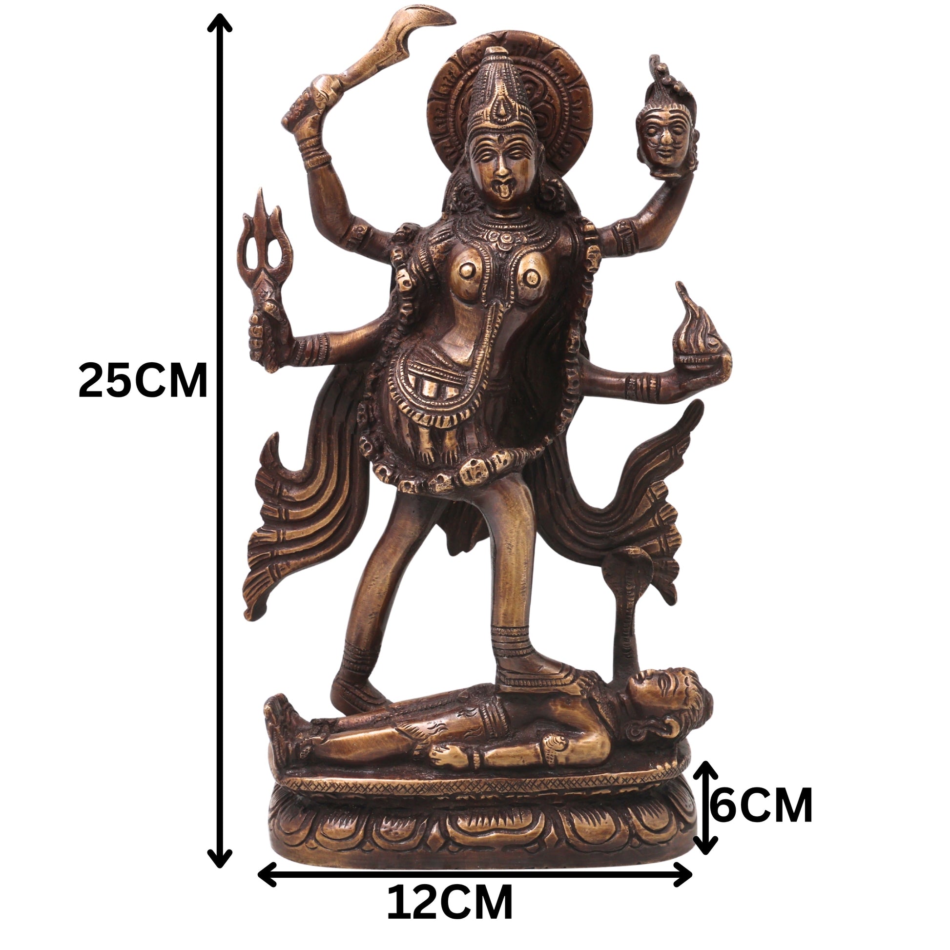 Handcrafted Brass Mahakali Idol Murti Traditional Chola Style Kali Mata Statue for Pooja Home Decor Gifting, Gold, 10 Inch, 1 Piece