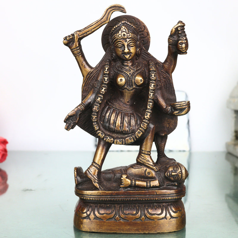 Brass Mahakali Idol Murti Handcrafted Traditional Kali Mata Statue for Pooja Decor Gifting, Gold, 6.5 Inch, 1 Piece