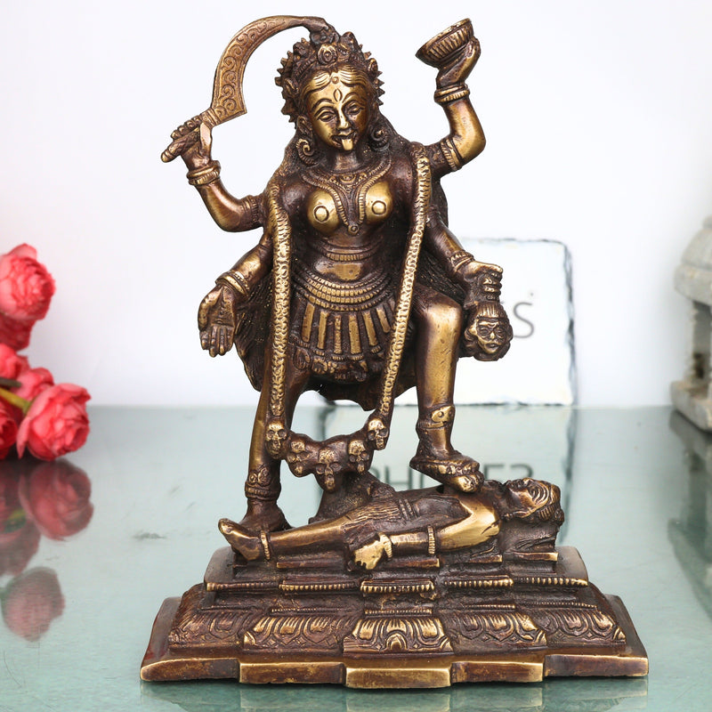 Brass Mahakali Idol Murti, Handcrafted Traditional Kalika Devi Statue for Pooja, Home Decor & Gifting, Gold, 7.5 Inch, 1 Piece