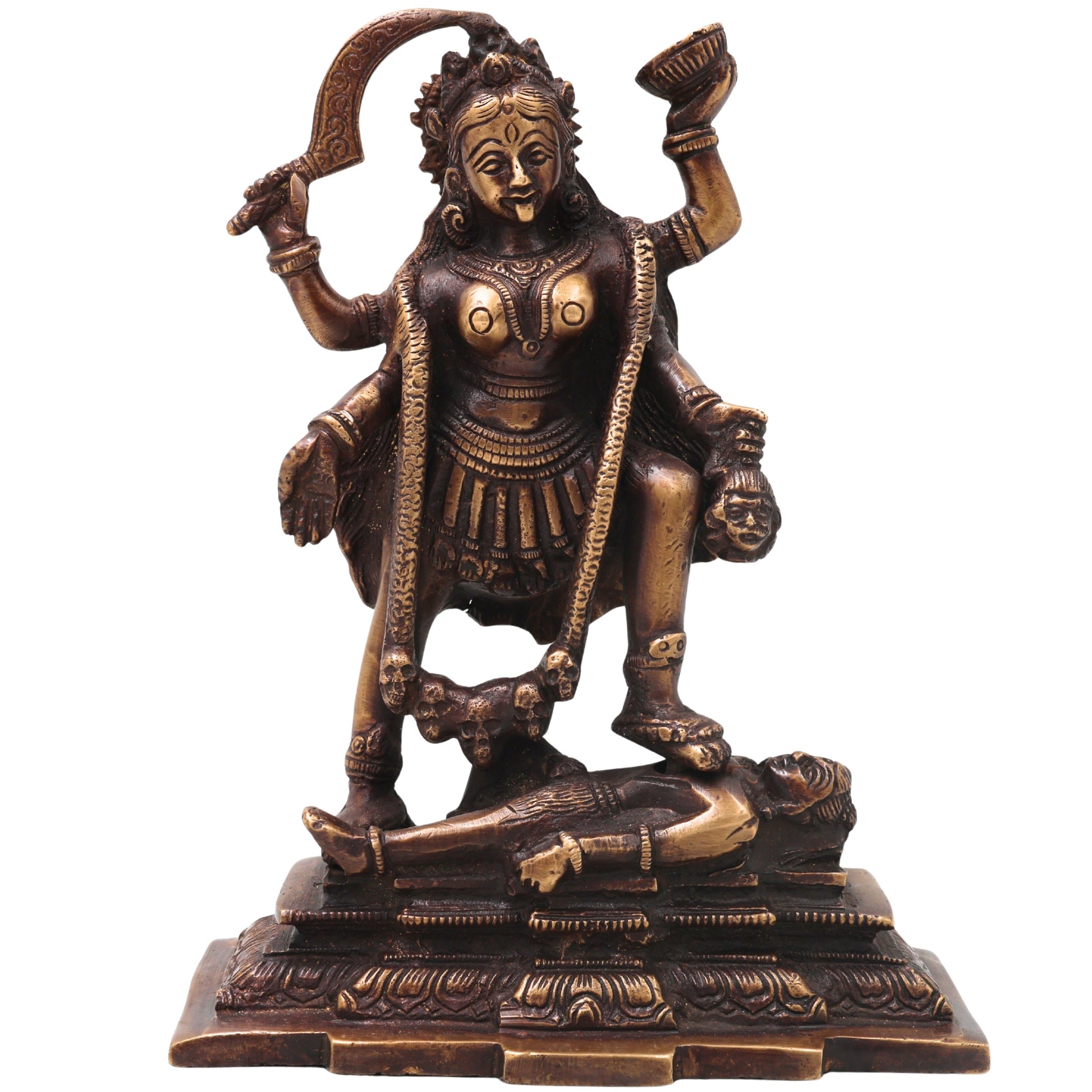 Brass Mahakali Idol Murti, Handcrafted Traditional Kalika Devi Statue for Pooja, Home Decor & Gifting, Gold, 7.5 Inch, 1 Piece