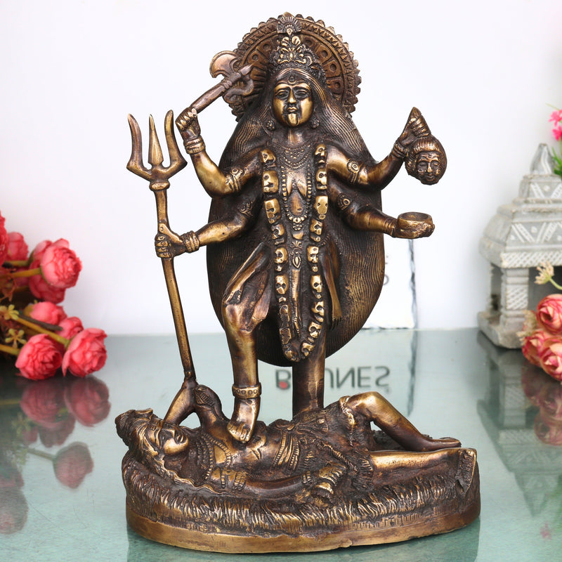 Brass Kali Idol Murti, Handcrafted Mahakali Goddess Statue Traditional Chola Style for Pooja, Home Decor & Gifting, Gold, 10 Inch, 1 Piece