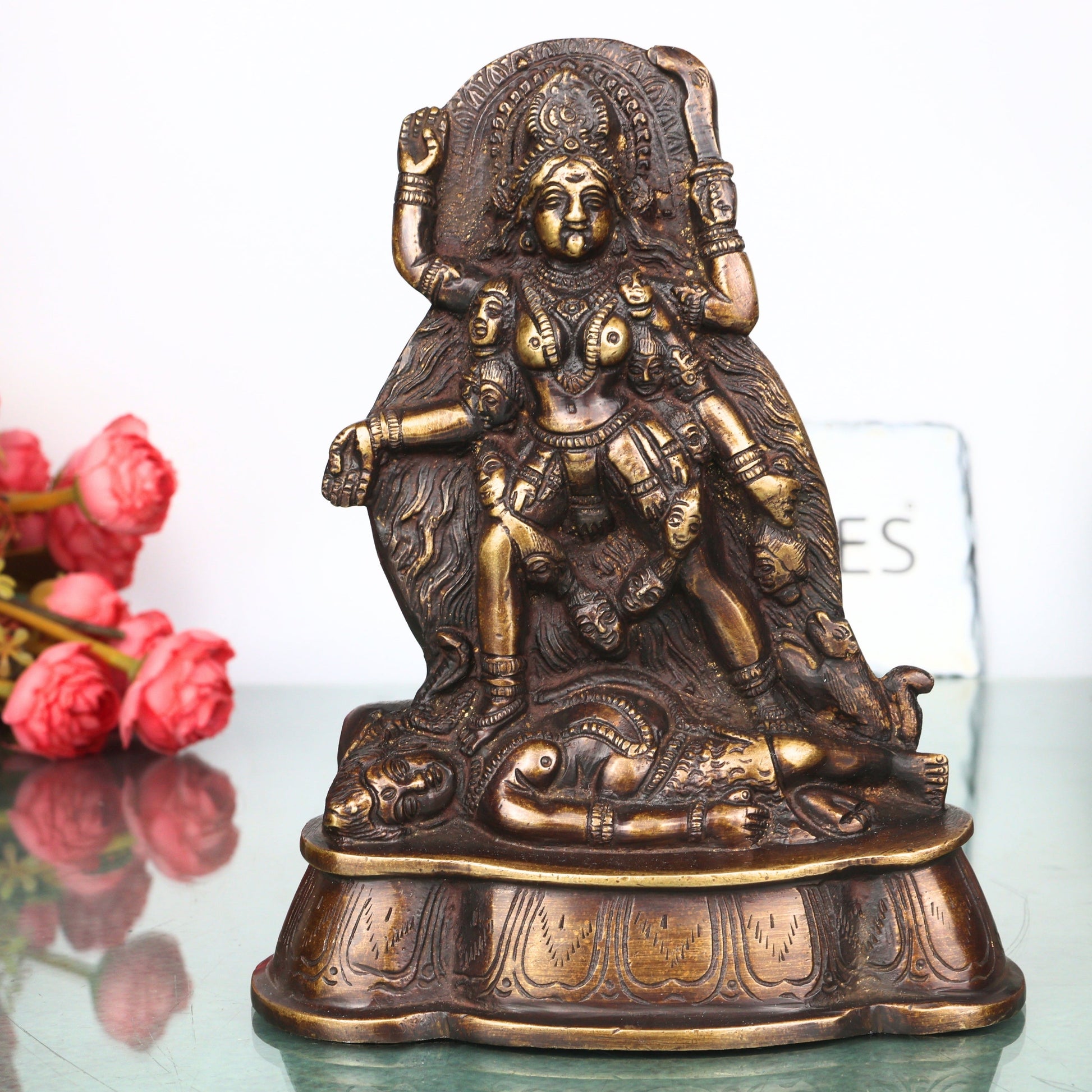Brass Mahakali Idol Murti, Handcrafted Traditional Kalika Devi Statue for Pooja, Home Decor & Gifting, Gold, 7 Inch, 1 Piece