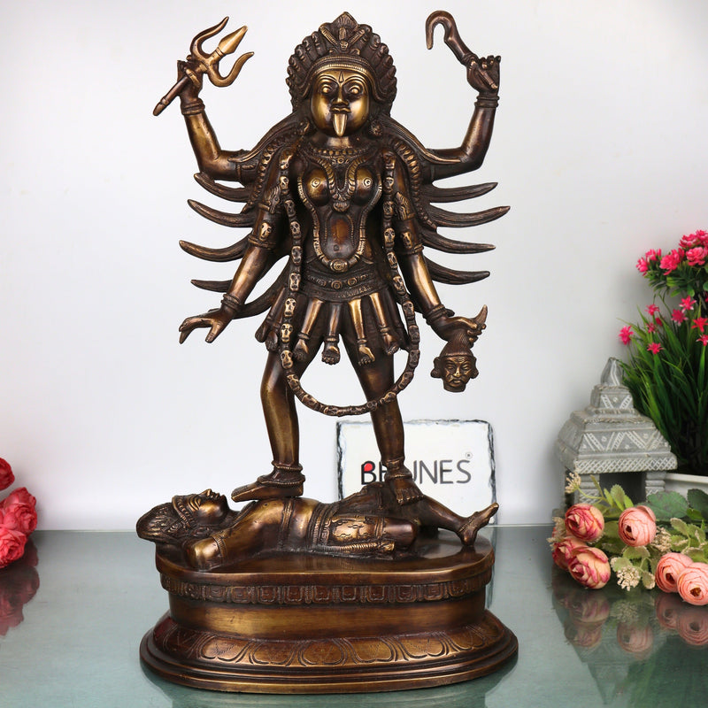 Brass Mahakali Idol Murti, Handcrafted  Traditional Chola Style Kali Mata Statue for Pooja, Decor & Gifting, Gold, 17.5 Inch, 1 Piece