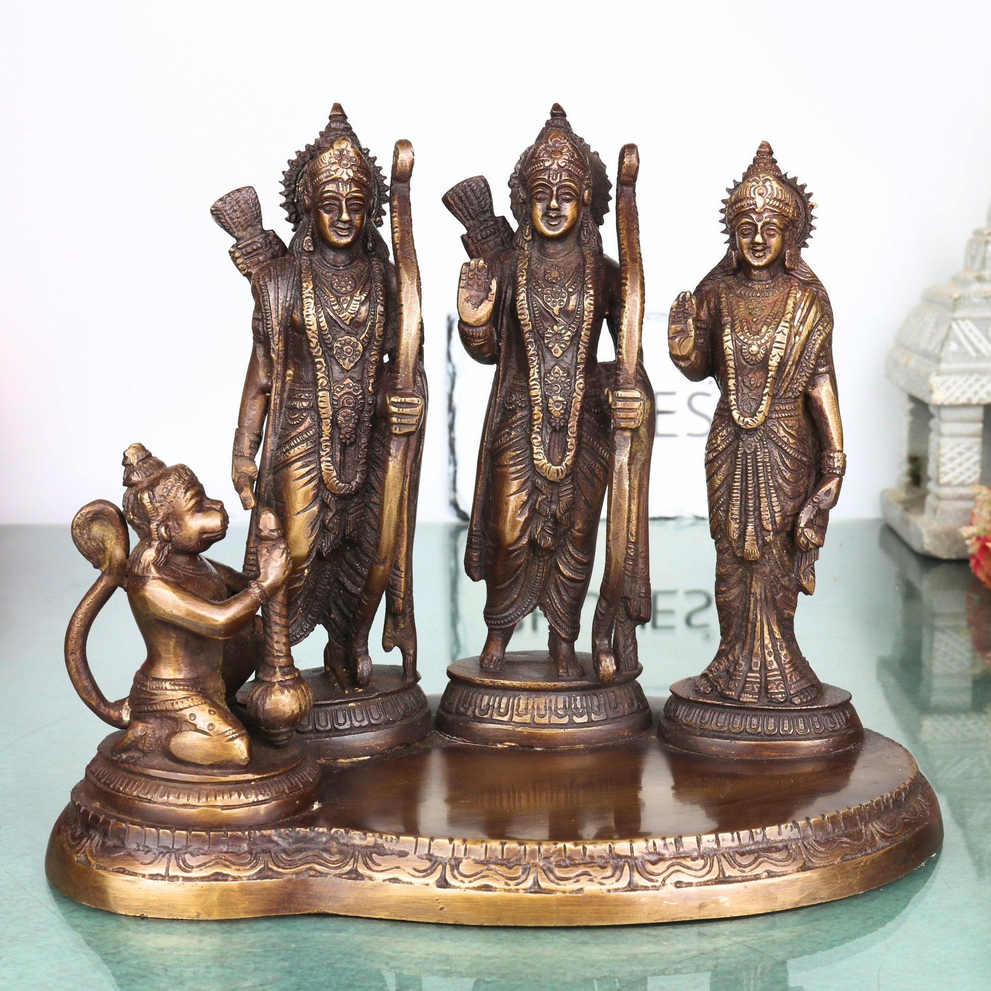 Brass Ram Darbar Idol with Sita Lakshman Hanuman, Handcrafted Traditional Chola Style Pooja Home Decor Gift Statue, Gold, 7 Inch, 1 Piece