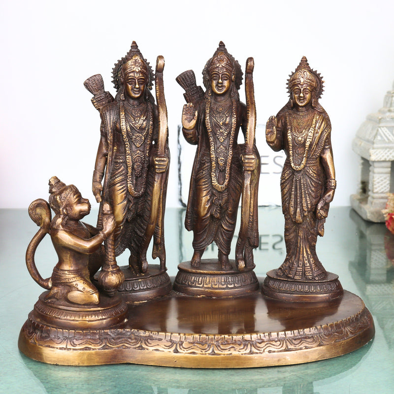 Brass Ram Darbar Idol with Sita Lakshman Hanuman, Handcrafted Traditional Chola Style Pooja Home Decor Gift Statue, Gold, 7 Inch, 1 Piece