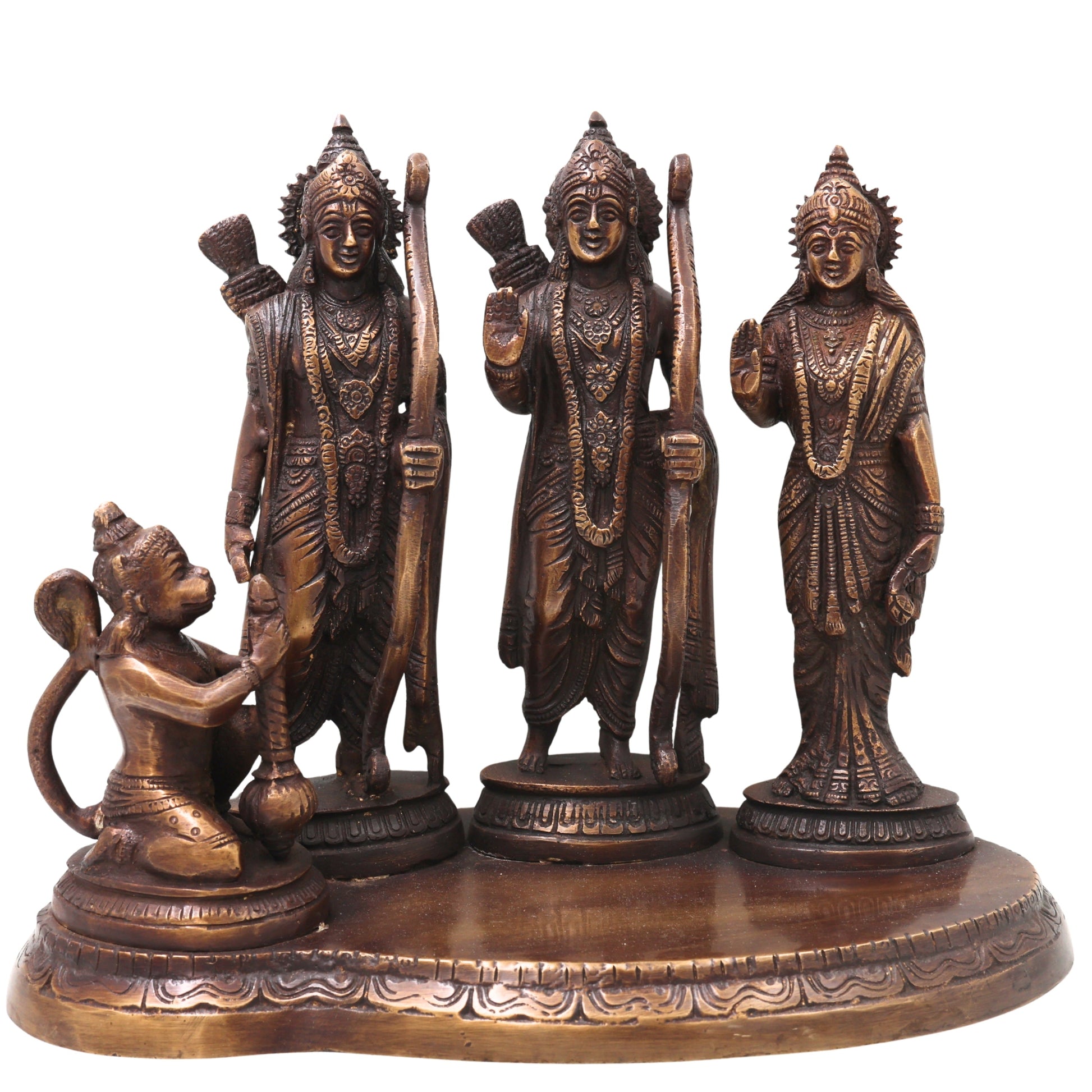 Brass Ram Darbar Idol with Sita Lakshman Hanuman, Handcrafted Traditional Chola Style Pooja Home Decor Gift Statue, Gold, 7 Inch, 1 Piece