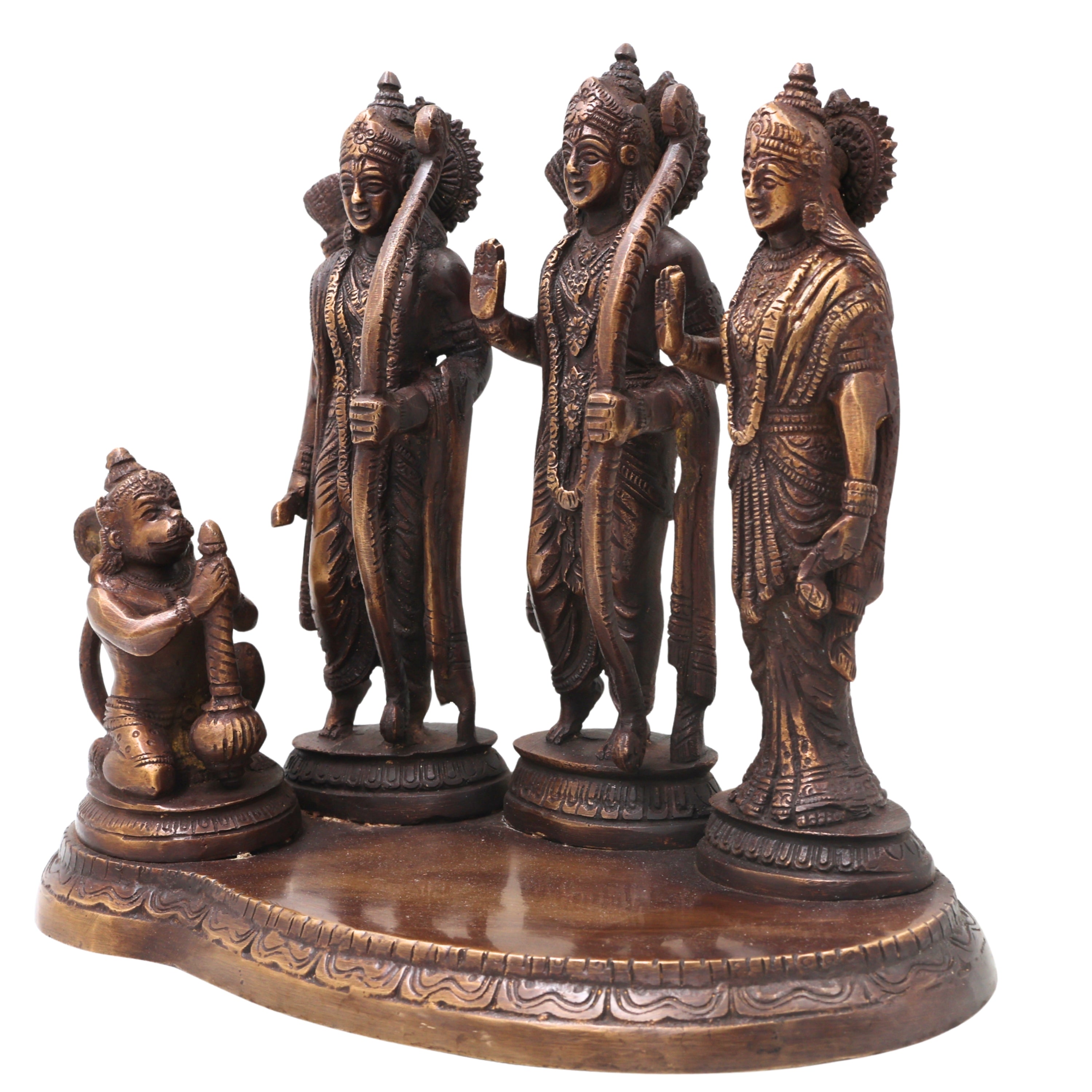 Brass Ram Darbar Idol with Sita Lakshman Hanuman, Handcrafted Traditional Chola Style Pooja Home Decor Gift Statue, Gold, 7 Inch, 1 Piece