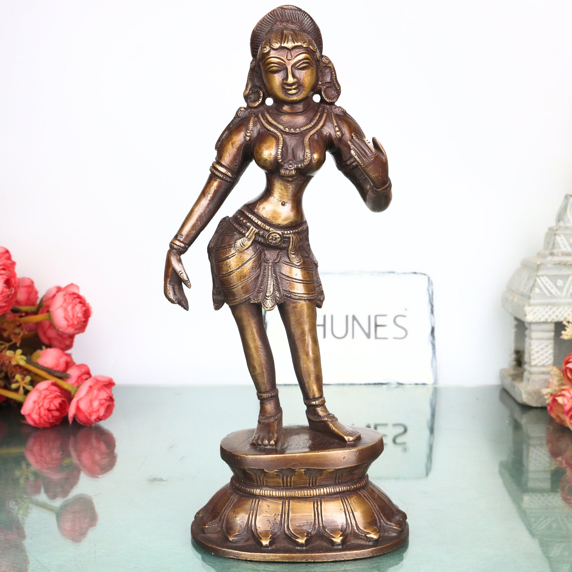 Brass Nartaki Dancer Sculpture Idol Handcrafted Traditional Chola Art Statue for Home Decor Pooja & Gifting, Gold, 11 Inch, 1 Piece
