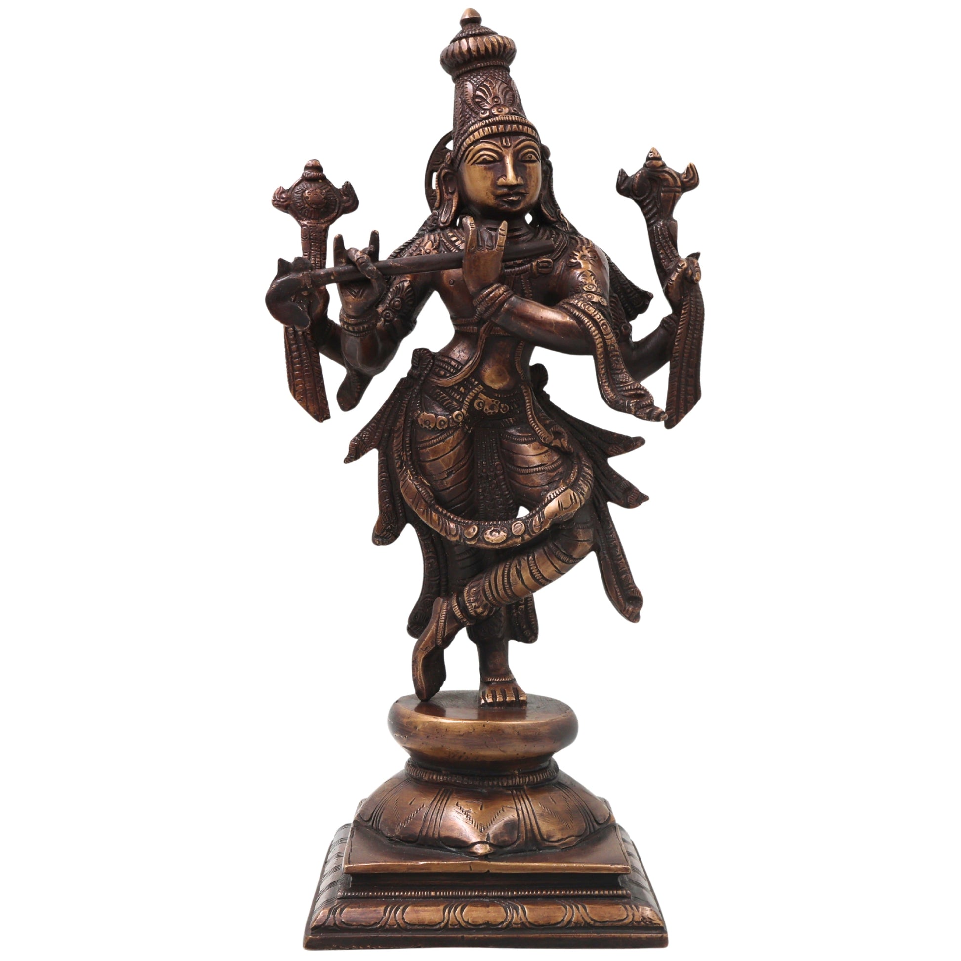 Brass Chaturbhuja Krishna Idol, Handcrafted Vaikuntha Narayana Murti for Pooja, Home Decor & Gifting, Gold, 12.5 Inch, 1 Piece
