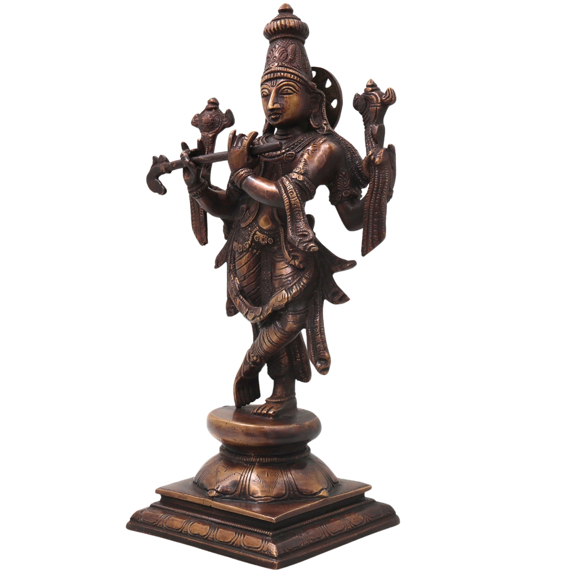 Brass Chaturbhuja Krishna Idol, Handcrafted Vaikuntha Narayana Murti for Pooja, Home Decor & Gifting, Gold, 12.5 Inch, 1 Piece