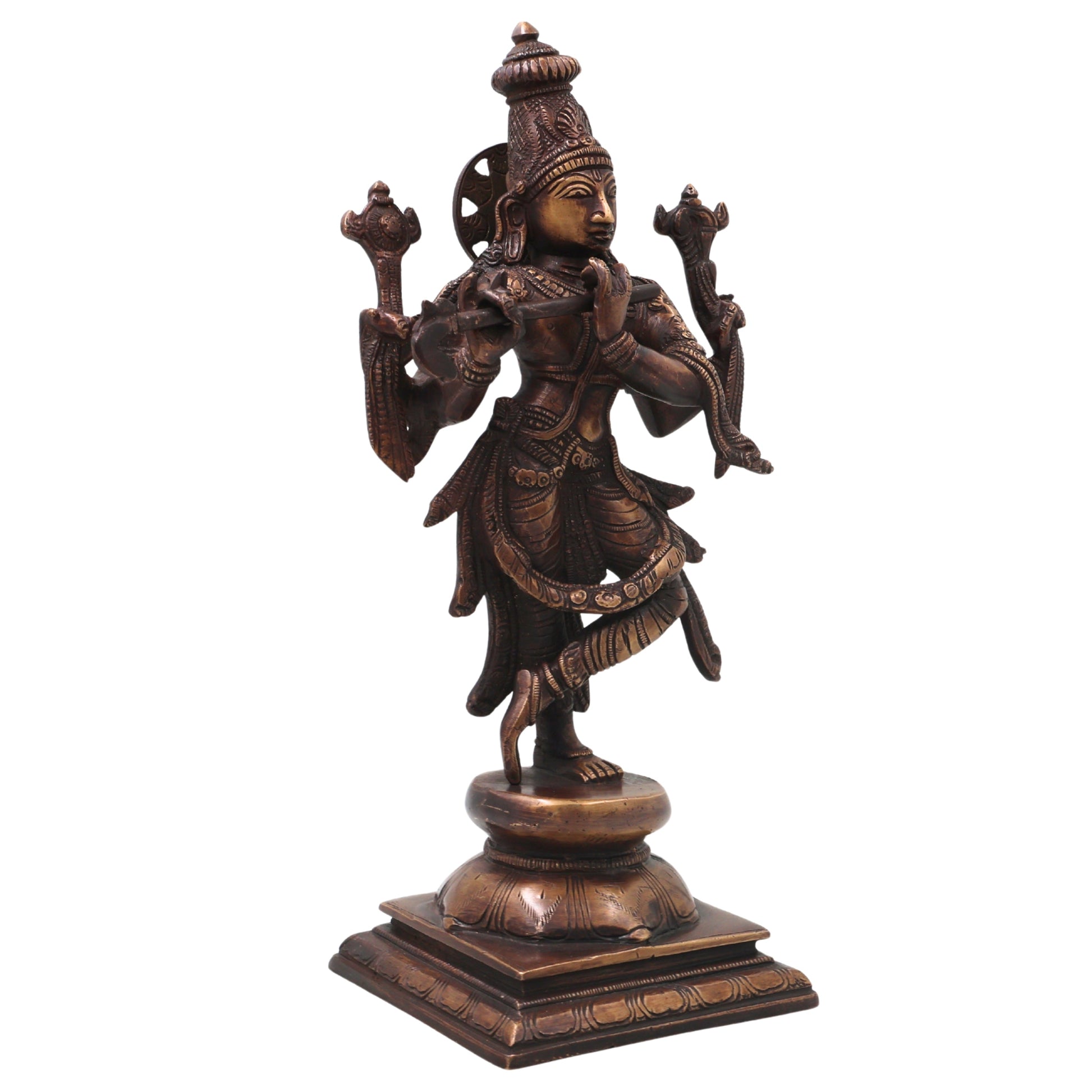 Brass Chaturbhuja Krishna Idol, Handcrafted Vaikuntha Narayana Murti for Pooja, Home Decor & Gifting, Gold, 12.5 Inch, 1 Piece