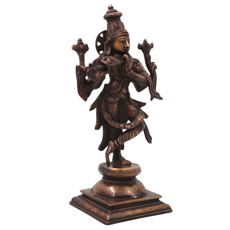 Brass Chaturbhuja Krishna Idol, Handcrafted Vaikuntha Narayana Murti for Pooja, Home Decor & Gifting, Gold, 12.5 Inch, 1 Piece