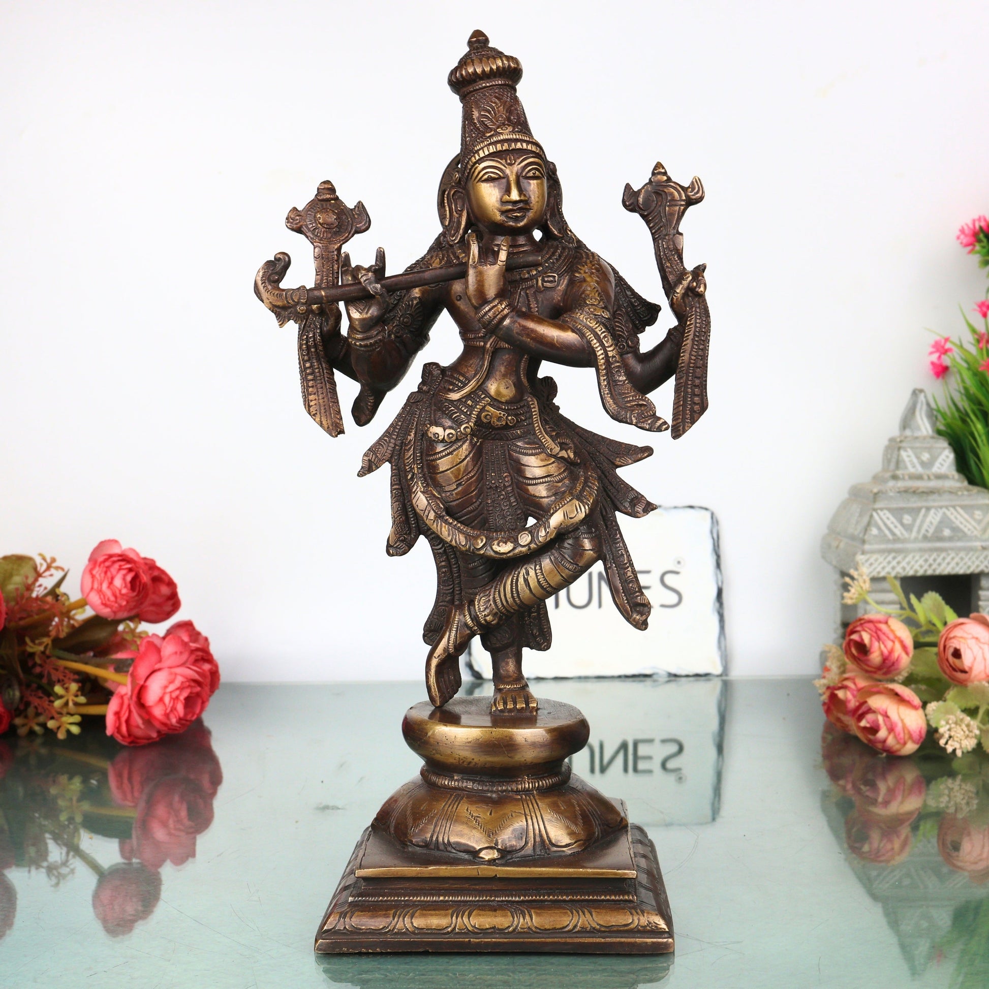 Brass Chaturbhuja Krishna Idol, Handcrafted Vaikuntha Narayana Murti for Pooja, Home Decor & Gifting, Gold, 12.5 Inch, 1 Piece