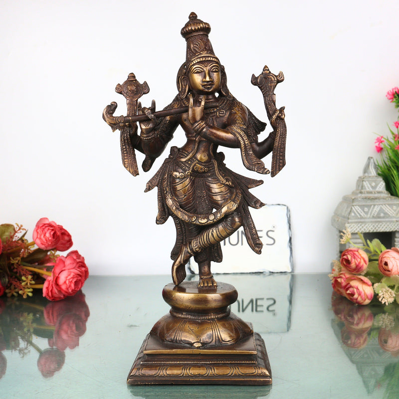 Brass Chaturbhuja Krishna Idol, Handcrafted Vaikuntha Narayana Murti for Pooja, Home Decor & Gifting, Gold, 12.5 Inch, 1 Piece