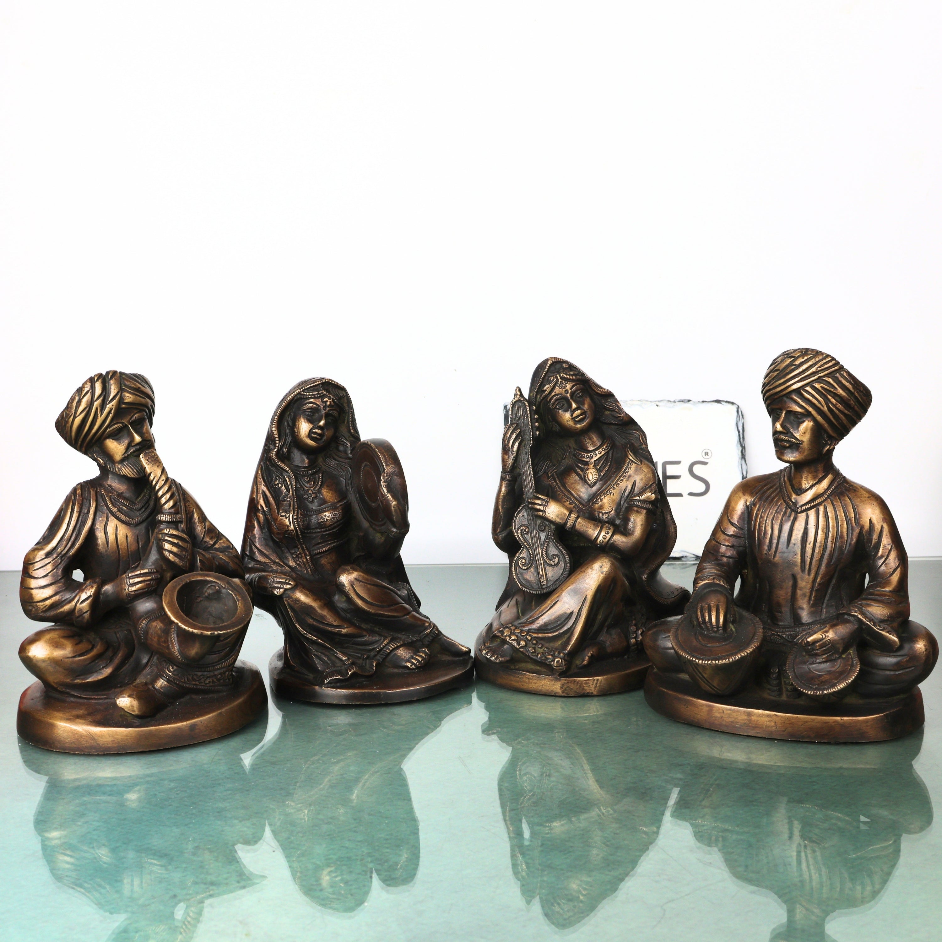 Handcrafted Brass Musician Sculpture Pair Traditional Figurines for Home Decor, Collectors & Gifting, Gold, 7 Inch, 1 Piece