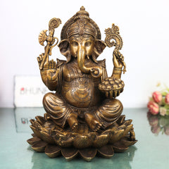 Brass Ganesha Ganapati Vinayaka Idol, Handcrafted Traditional Chola Murti for Pooja Decor & Gifting, Gold, 13 Inch, 1 Piece