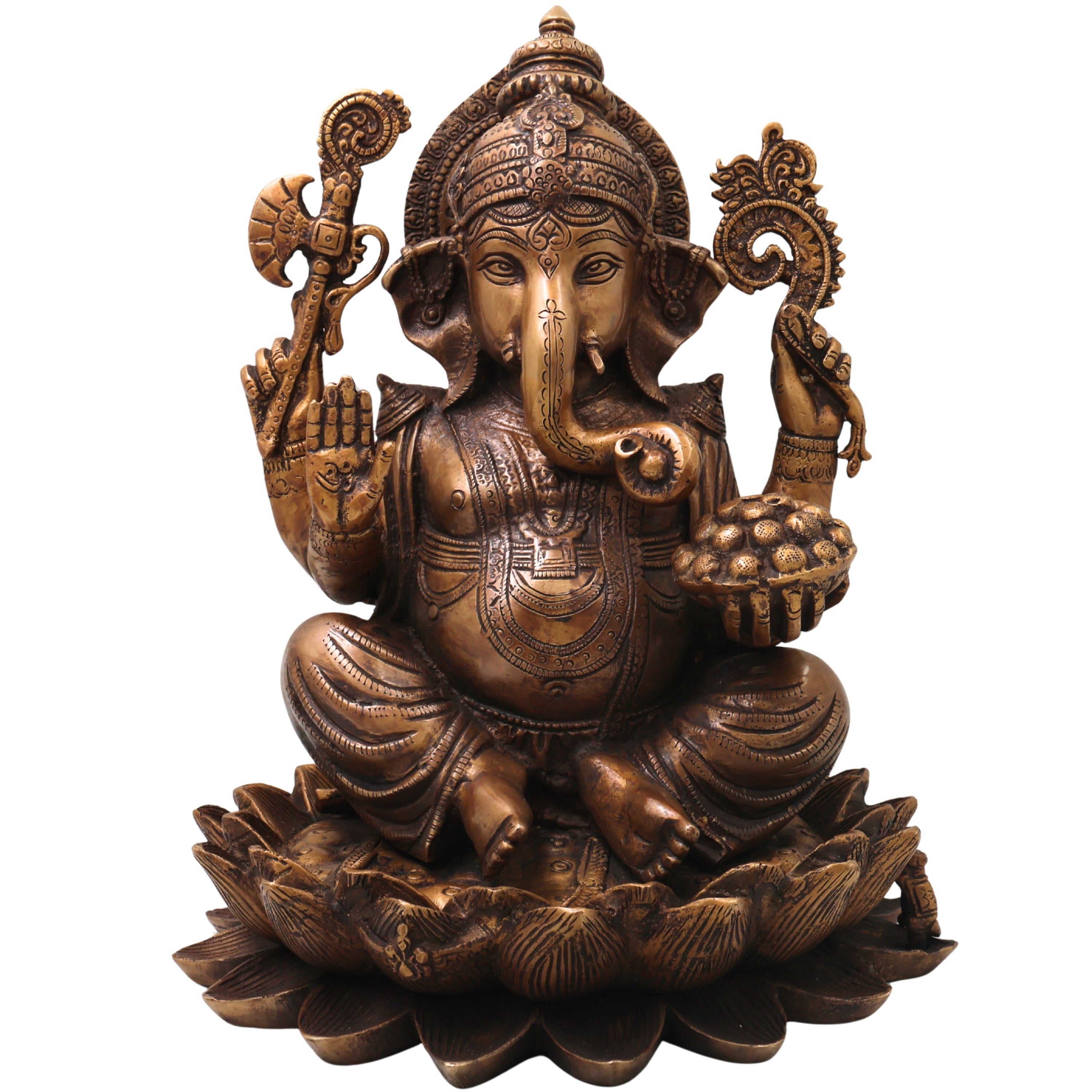 Brass Ganesha Ganapati Vinayaka Idol, Handcrafted Traditional Chola Murti for Pooja Decor & Gifting, Gold, 13 Inch, 1 Piece