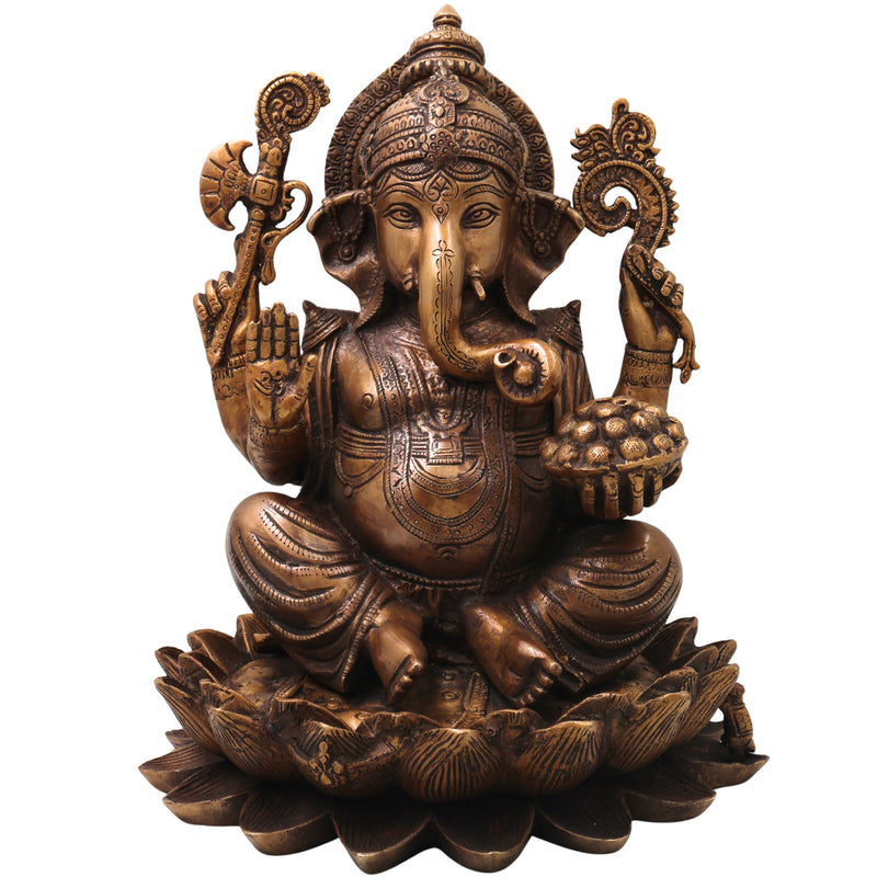 Brass Ganesha Ganapati Vinayaka Idol, Handcrafted Traditional Chola Murti for Pooja Decor & Gifting, Gold, 13 Inch, 1 Piece