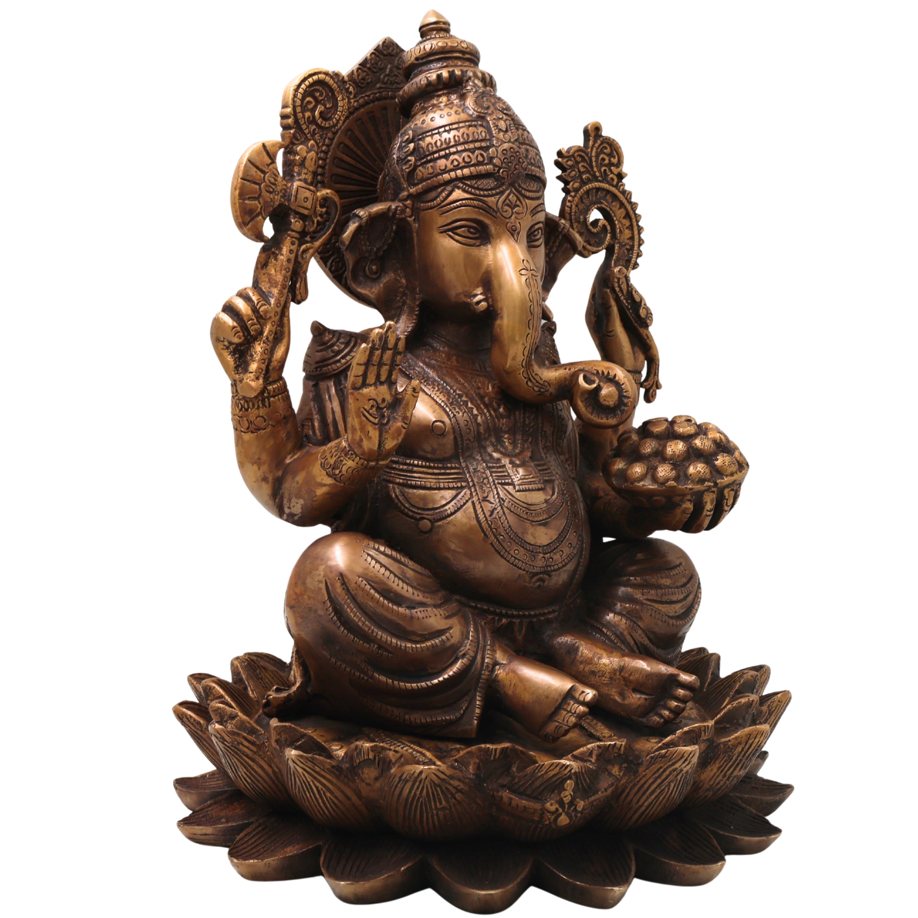Brass Ganesha Ganapati Vinayaka Idol, Handcrafted Traditional Chola Murti for Pooja Decor & Gifting, Gold, 13 Inch, 1 Piece