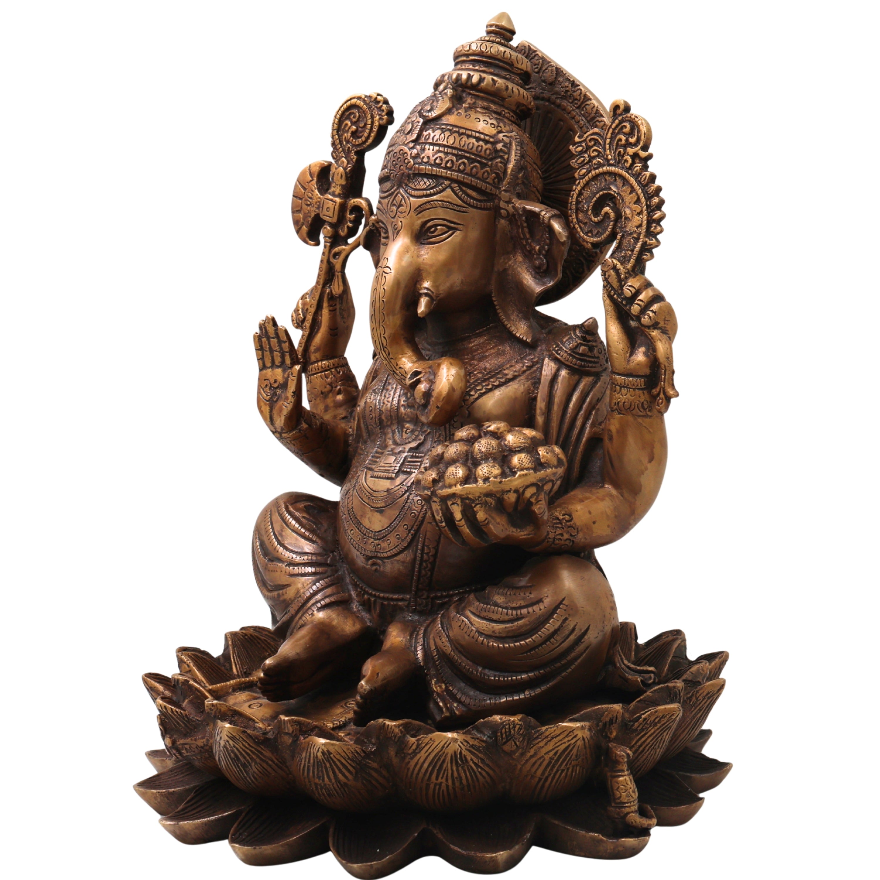 Brass Ganesha Ganapati Vinayaka Idol, Handcrafted Traditional Chola Murti for Pooja Decor & Gifting, Gold, 13 Inch, 1 Piece