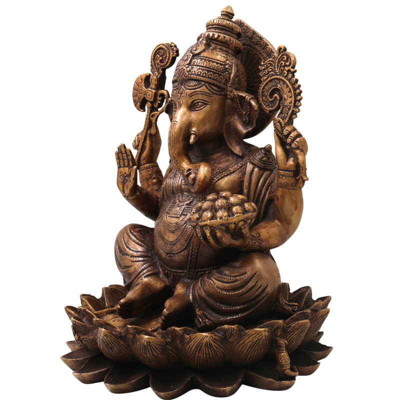 Brass Ganesha Ganapati Vinayaka Idol, Handcrafted Traditional Chola Murti for Pooja Decor & Gifting, Gold, 13 Inch, 1 Piece