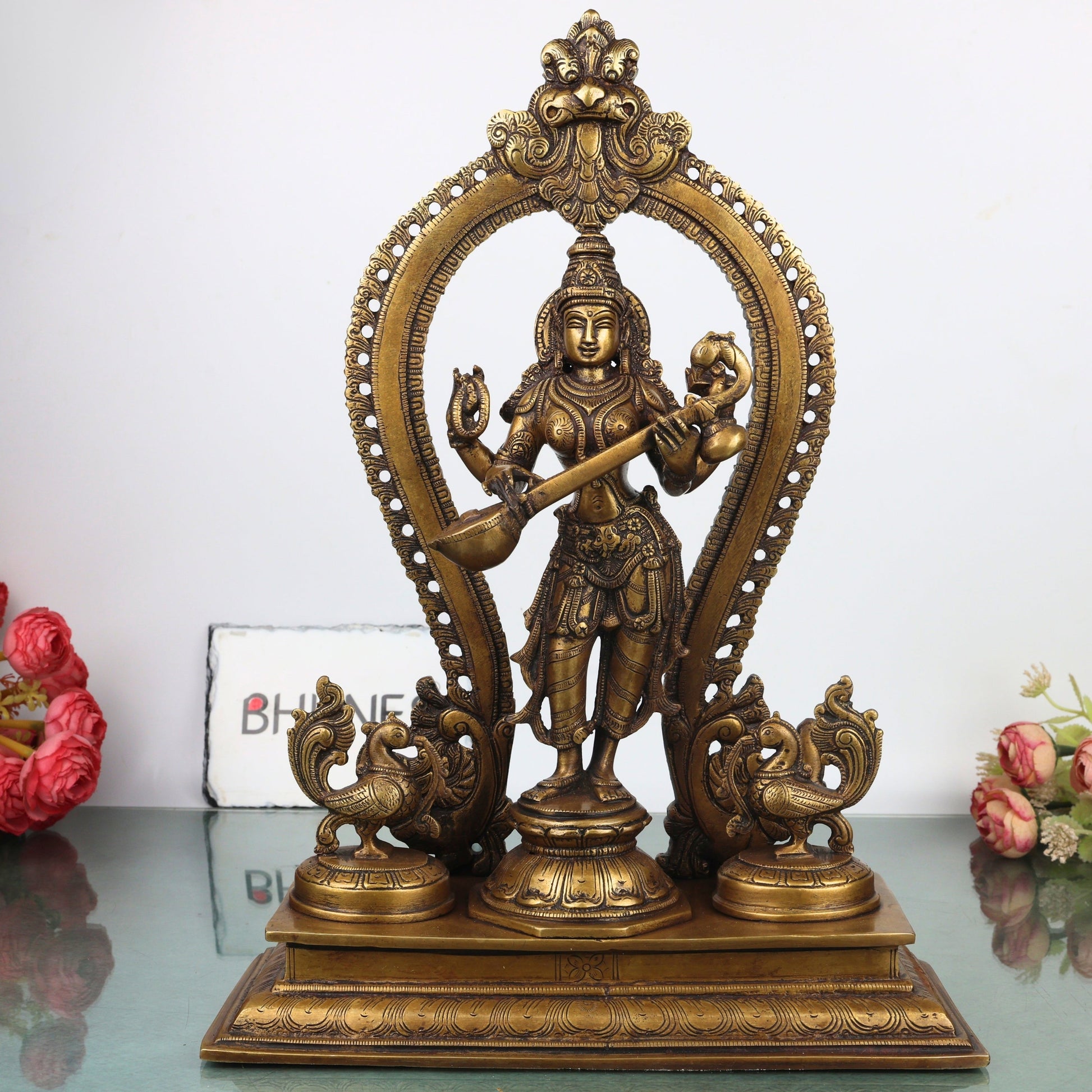Brass Saraswati Idol, Handcrafted Vagdevi Sharadamba Murti for Pooja, Home Decor & Spiritual Gifting, Gold, 15.5 Inch, 1 Piece