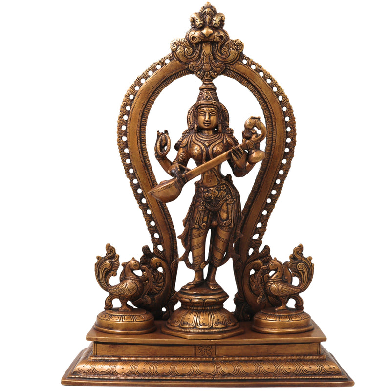 Brass Saraswati Idol, Handcrafted Vagdevi Sharadamba Murti for Pooja, Home Decor & Spiritual Gifting, Gold, 15.5 Inch, 1 Piece