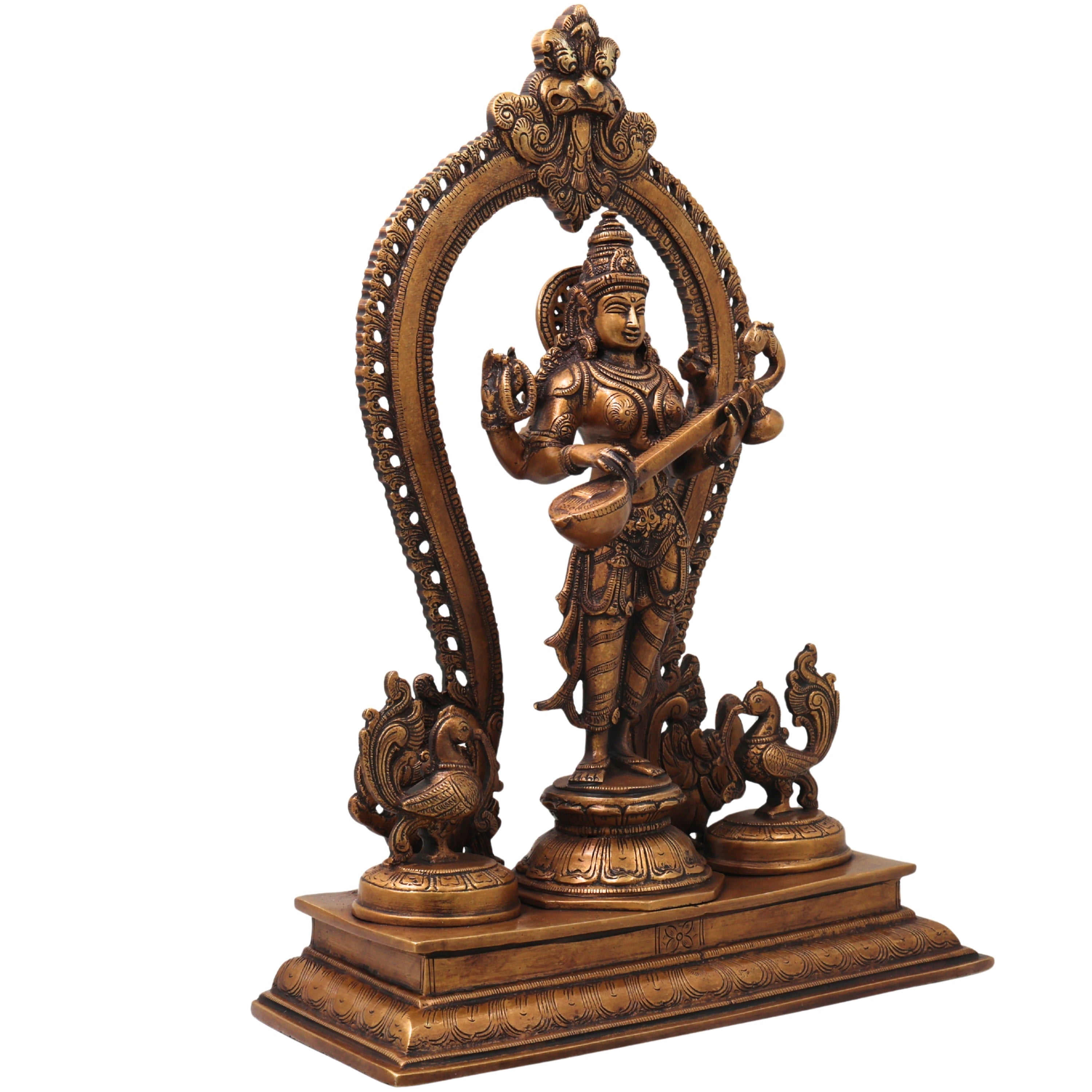 Brass Saraswati Idol, Handcrafted Vagdevi Sharadamba Murti for Pooja, Home Decor & Spiritual Gifting, Gold, 15.5 Inch, 1 Piece