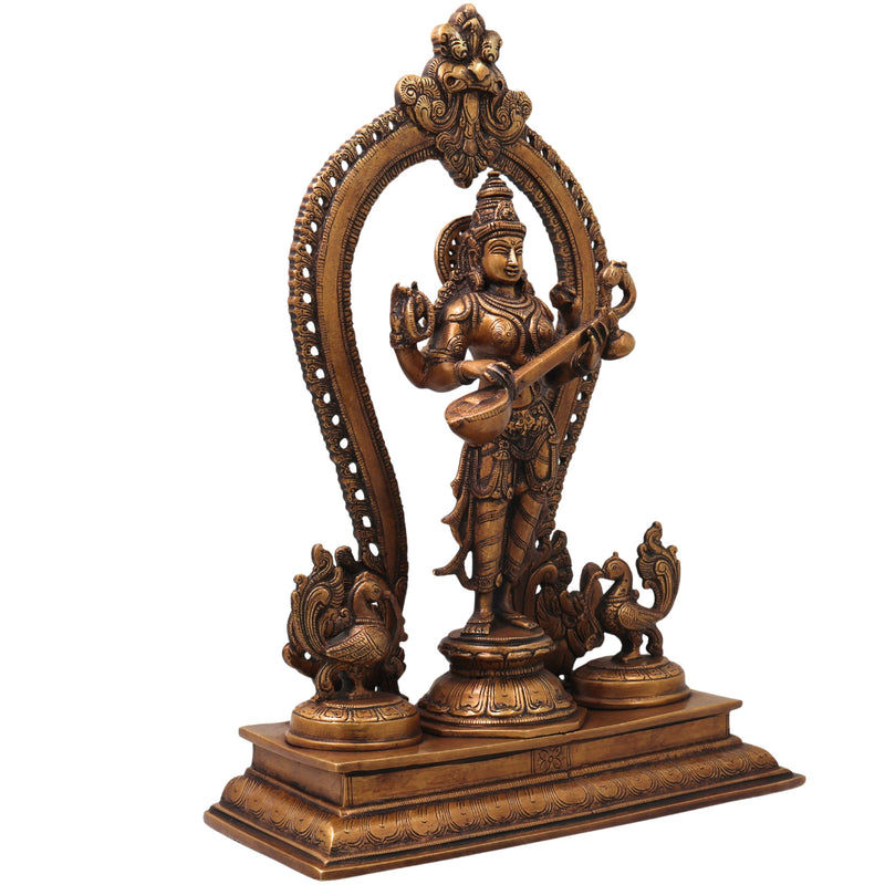 Brass Saraswati Idol, Handcrafted Vagdevi Sharadamba Murti for Pooja, Home Decor & Spiritual Gifting, Gold, 15.5 Inch, 1 Piece