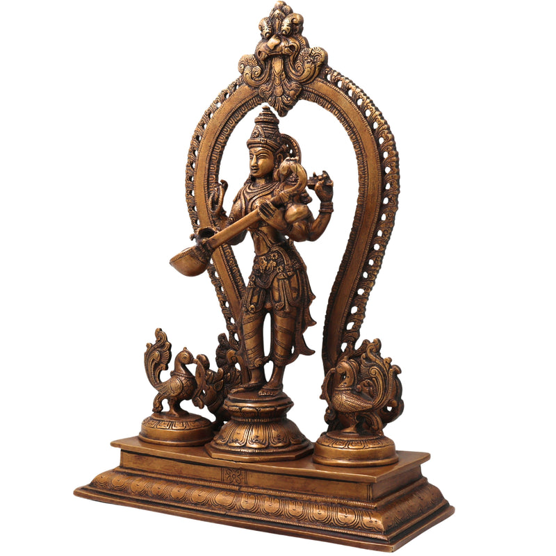Brass Saraswati Idol, Handcrafted Vagdevi Sharadamba Murti for Pooja, Home Decor & Spiritual Gifting, Gold, 15.5 Inch, 1 Piece