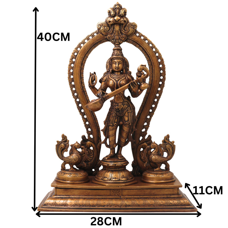 Brass Saraswati Idol, Handcrafted Vagdevi Sharadamba Murti for Pooja, Home Decor & Spiritual Gifting, Gold, 15.5 Inch, 1 Piece