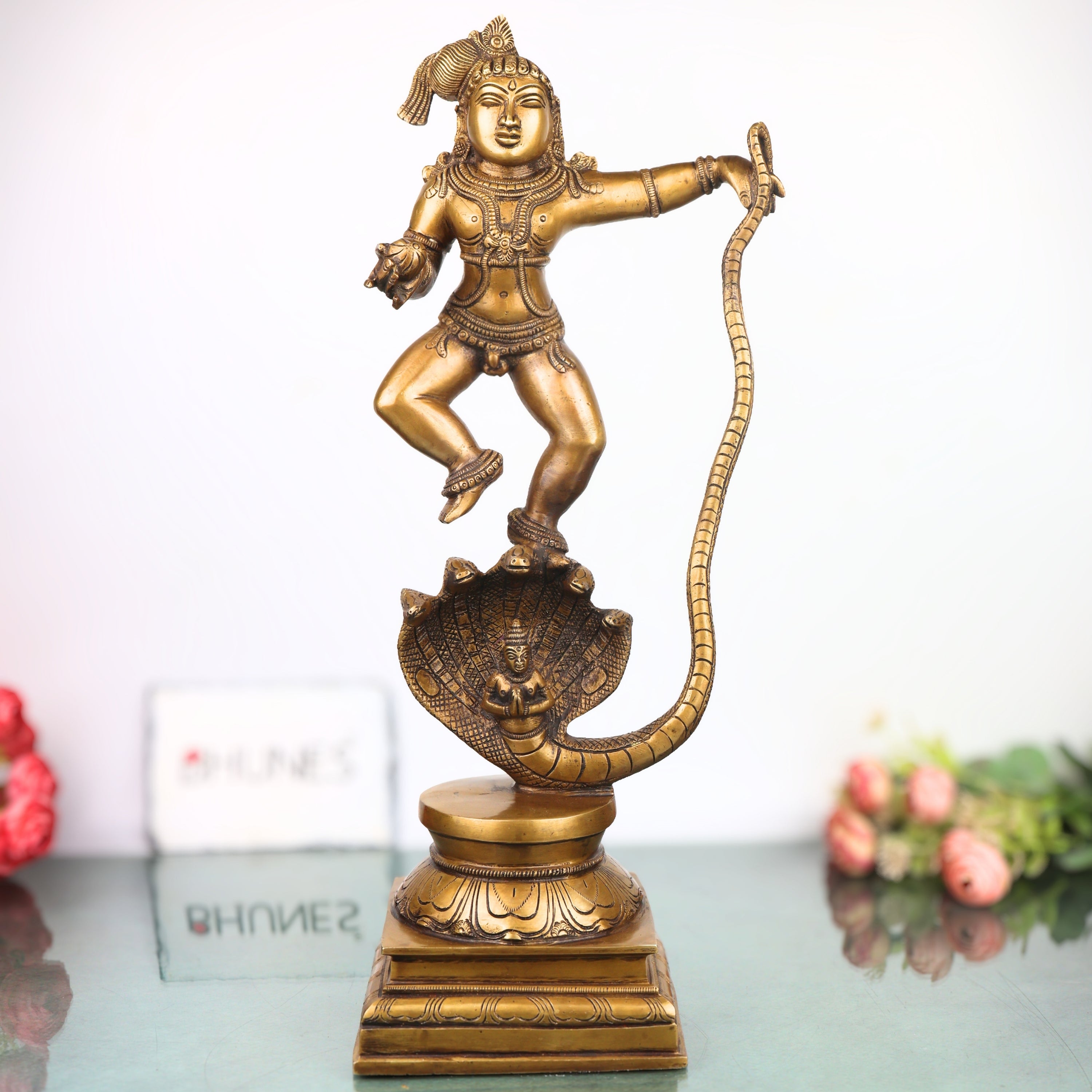 Brass Kalinga Nartana Bala Krishna Idol, Handcrafted Chola Laddu Gopal Naag Murti for Pooja, Decor & Gifting, Gold, 19 Inch, 1 Piece