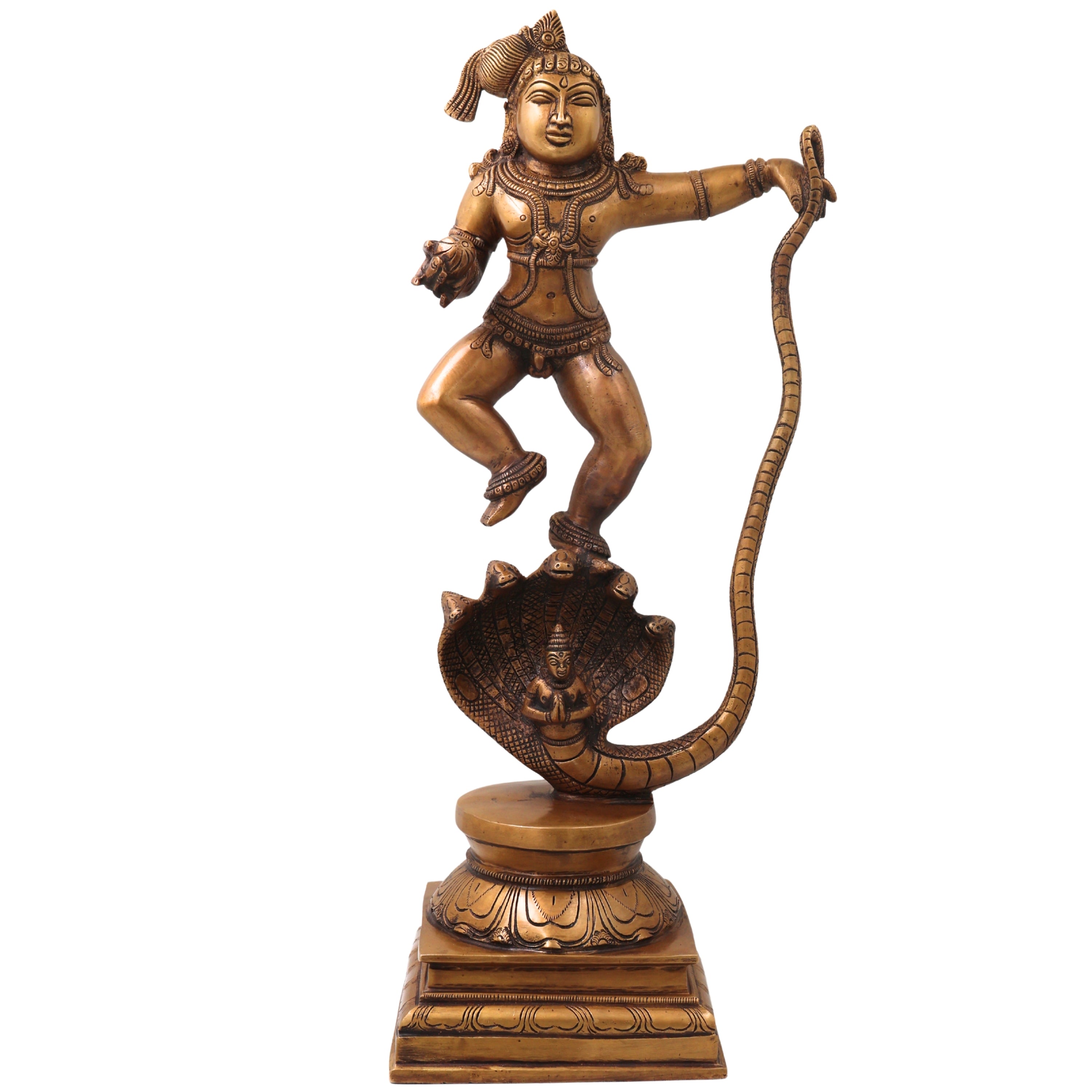 Brass Kalinga Nartana Bala Krishna Idol, Handcrafted Chola Laddu Gopal Naag Murti for Pooja, Decor & Gifting, Gold, 19 Inch, 1 Piece