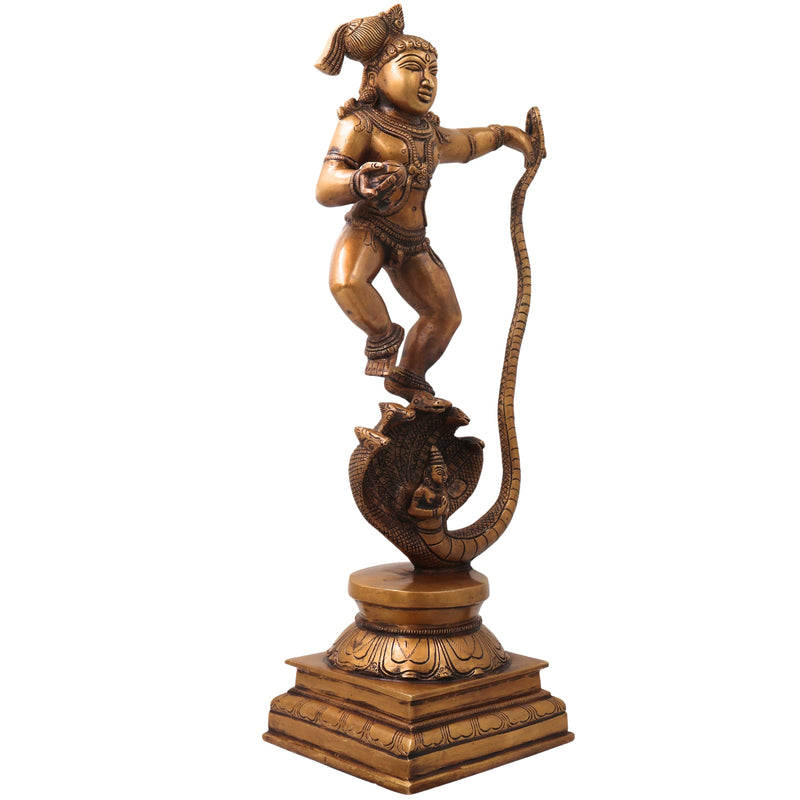 Brass Kalinga Nartana Bala Krishna Idol, Handcrafted Chola Laddu Gopal Naag Murti for Pooja, Decor & Gifting, Gold, 19 Inch, 1 Piece