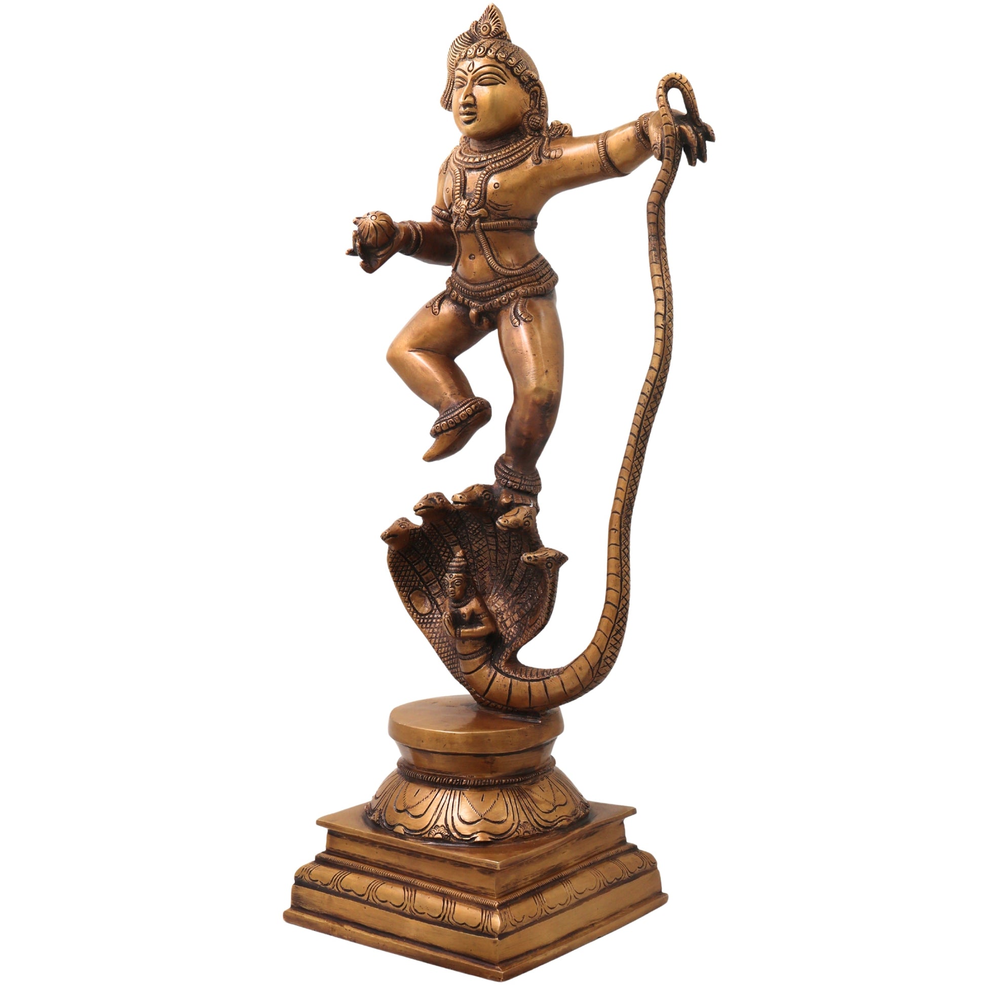Brass Kalinga Nartana Bala Krishna Idol, Handcrafted Chola Laddu Gopal Naag Murti for Pooja, Decor & Gifting, Gold, 19 Inch, 1 Piece