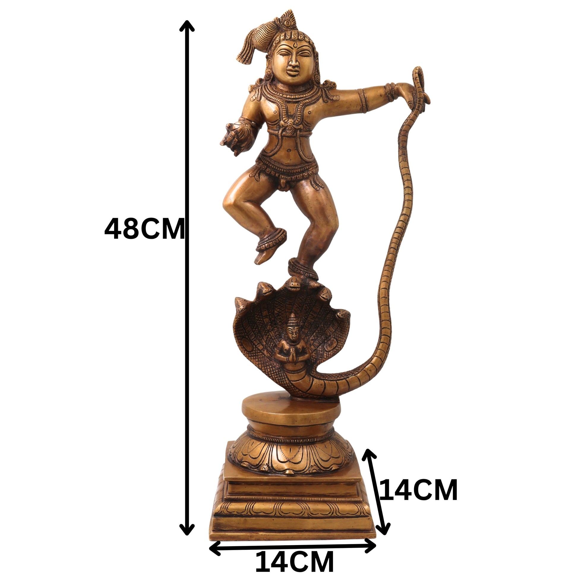 Brass Kalinga Nartana Bala Krishna Idol, Handcrafted Chola Laddu Gopal Naag Murti for Pooja, Decor & Gifting, Gold, 19 Inch, 1 Piece