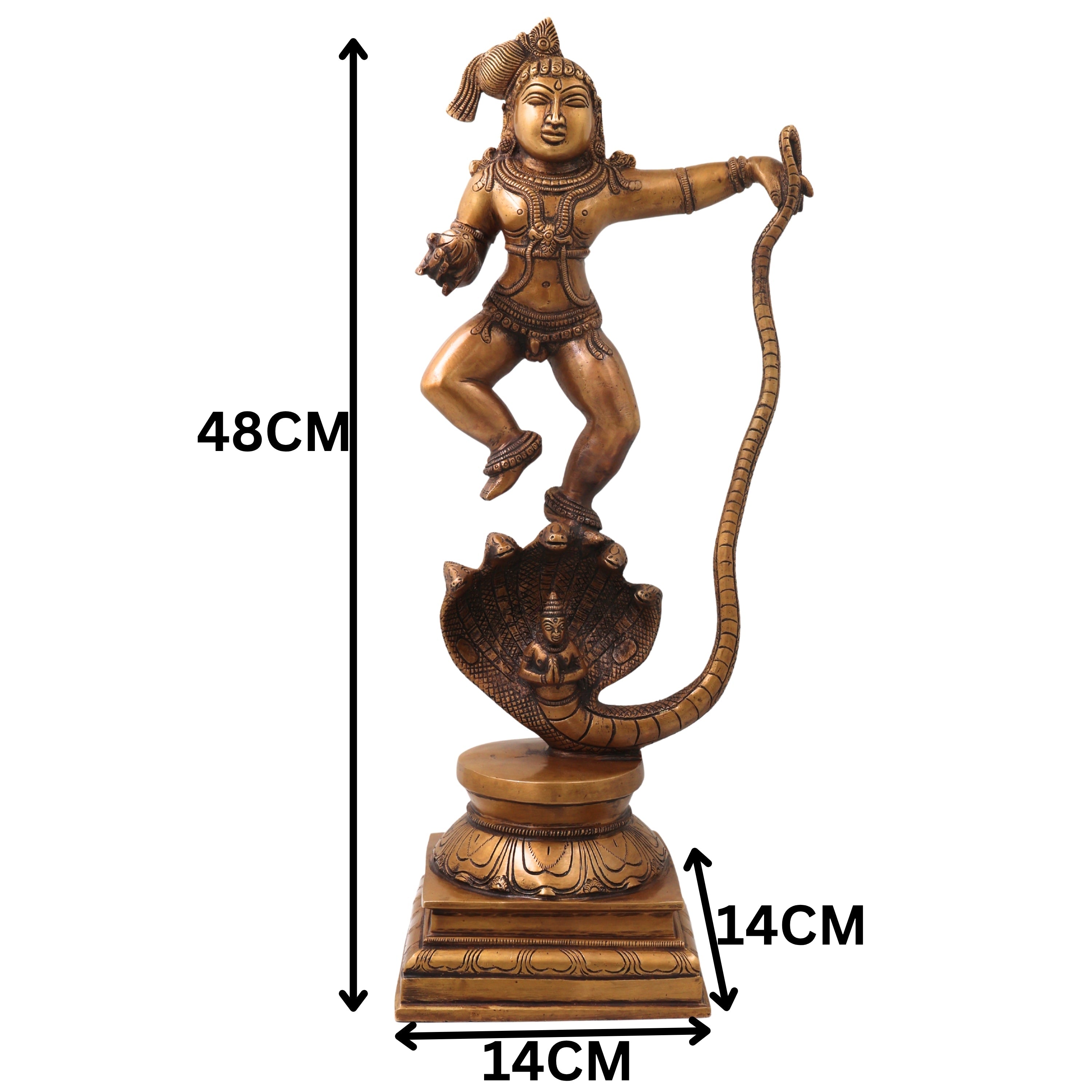 Brass Kalinga Nartana Bala Krishna Idol, Handcrafted Chola Laddu Gopal Naag Murti for Pooja, Decor & Gifting, Gold, 19 Inch, 1 Piece