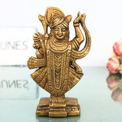Brass Shrinathji Idol Murti Handcrafted Traditional Thakurji Govardhandhari Sculpture for Pooja Decor Gifting, Gold, 5 Inch, 1 Piece