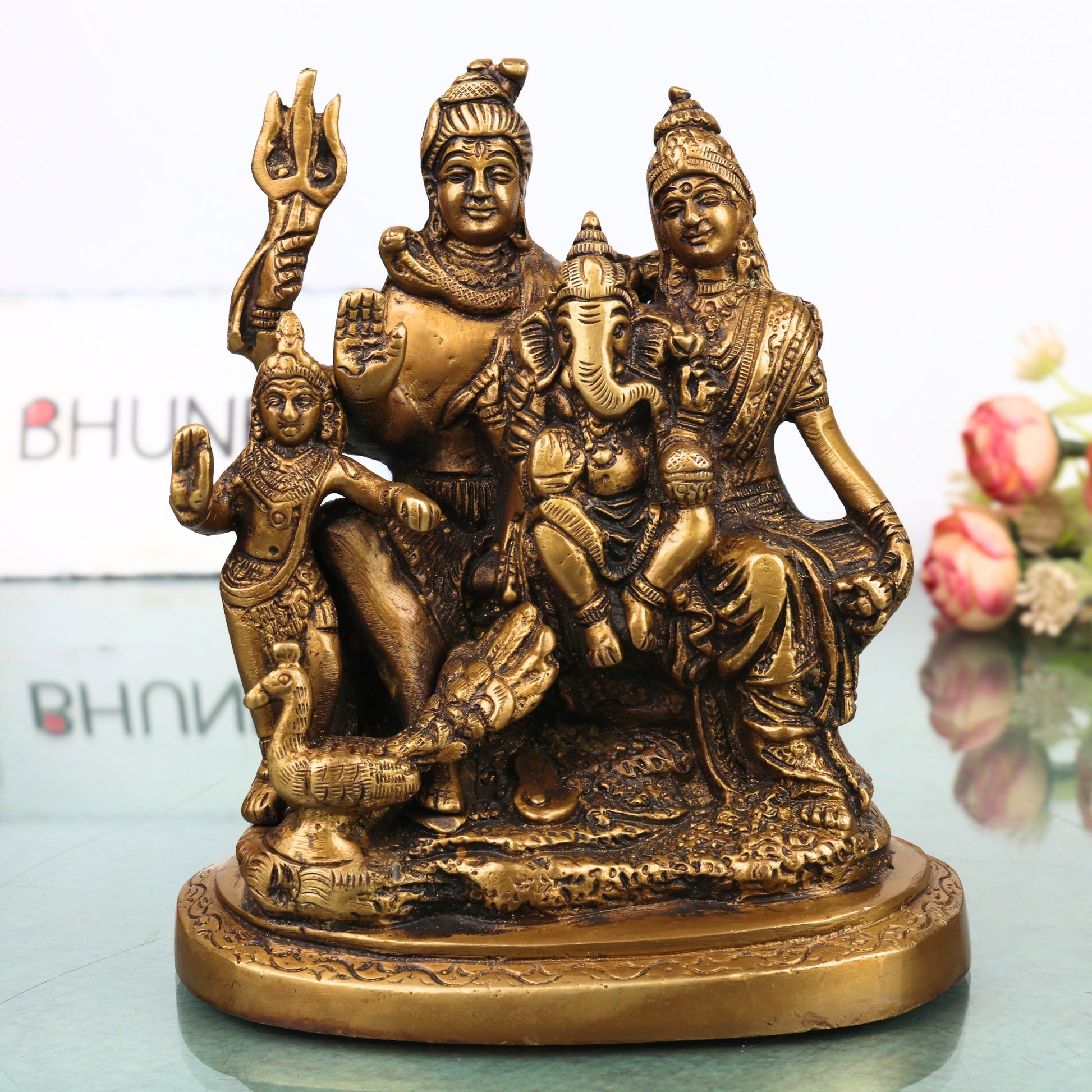 Brass Shiva Parivar Idol, Uma Maheshwara Somaskanda Murti, Handcrafted Chola Art Pooja Decor Gift Statue, Gold, 6.5 Inch, 1 Piece