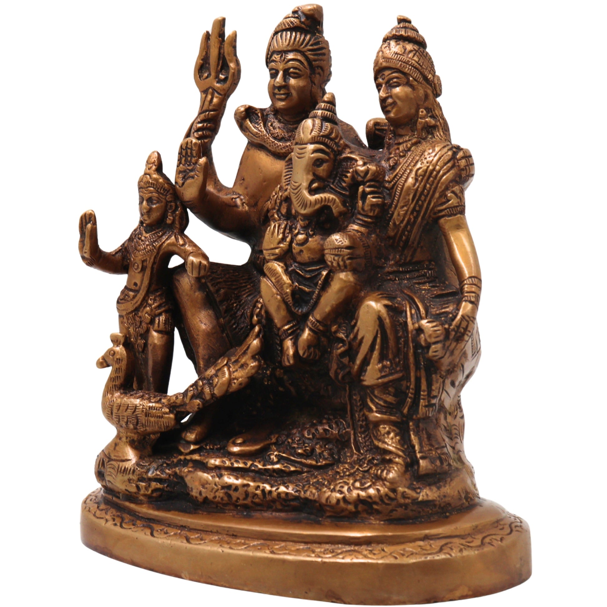 Brass Shiva Parivar Idol, Uma Maheshwara Somaskanda Murti, Handcrafted Chola Art Pooja Decor Gift Statue, Gold, 6.5 Inch, 1 Piece