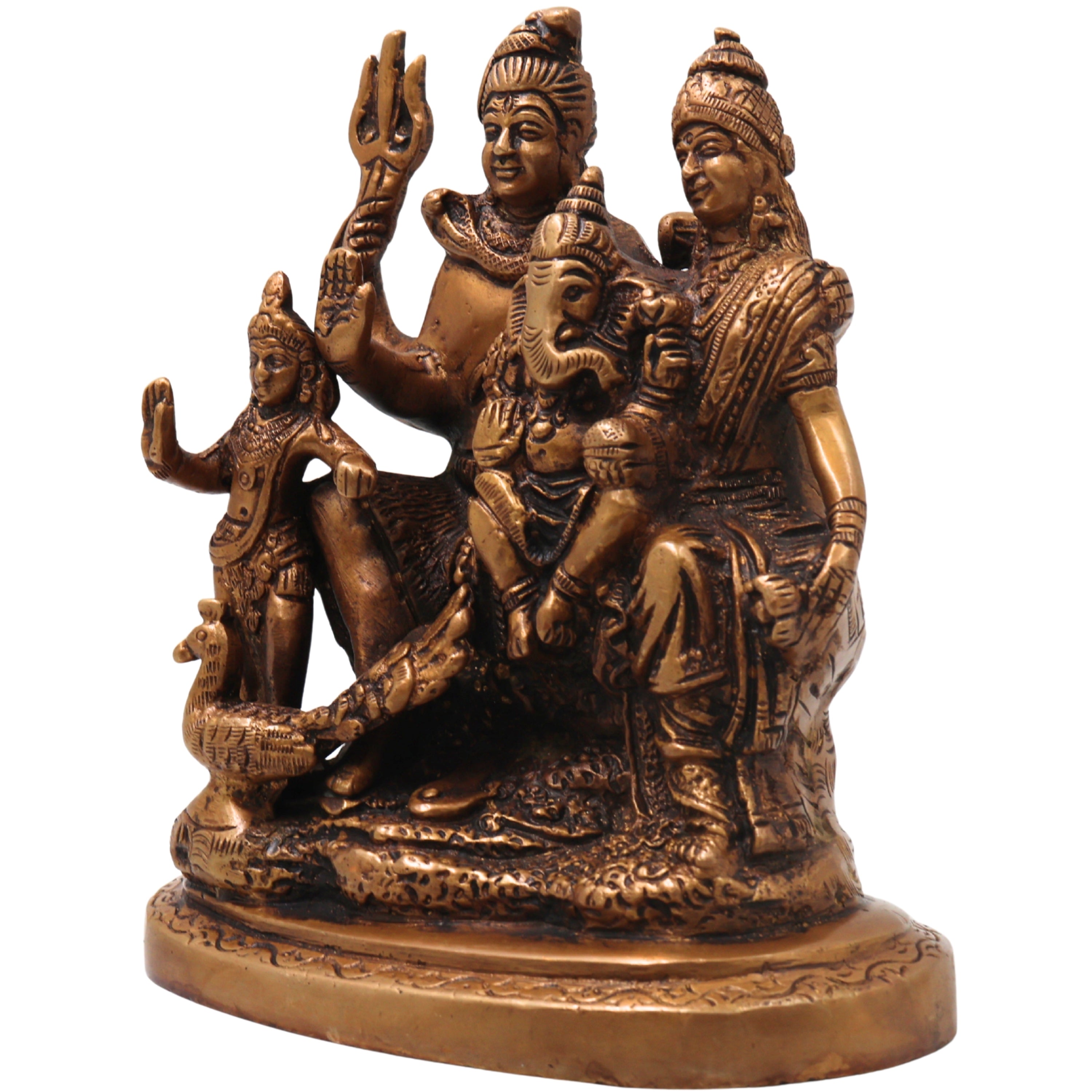 Brass Shiva Parivar Idol, Uma Maheshwara Somaskanda Murti, Handcrafted Chola Art Pooja Decor Gift Statue, Gold, 6.5 Inch, 1 Piece