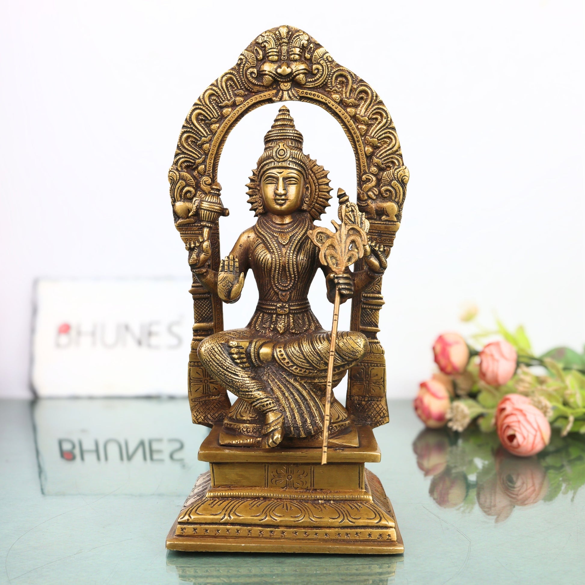 Brass Raja Rajeshwari Idol, Lalita Tripura Sundari Murti for Pooja, Home Decor, Gifting, Handcrafted Chola Art, Gold, 10.5 Inch, 1 Piece
