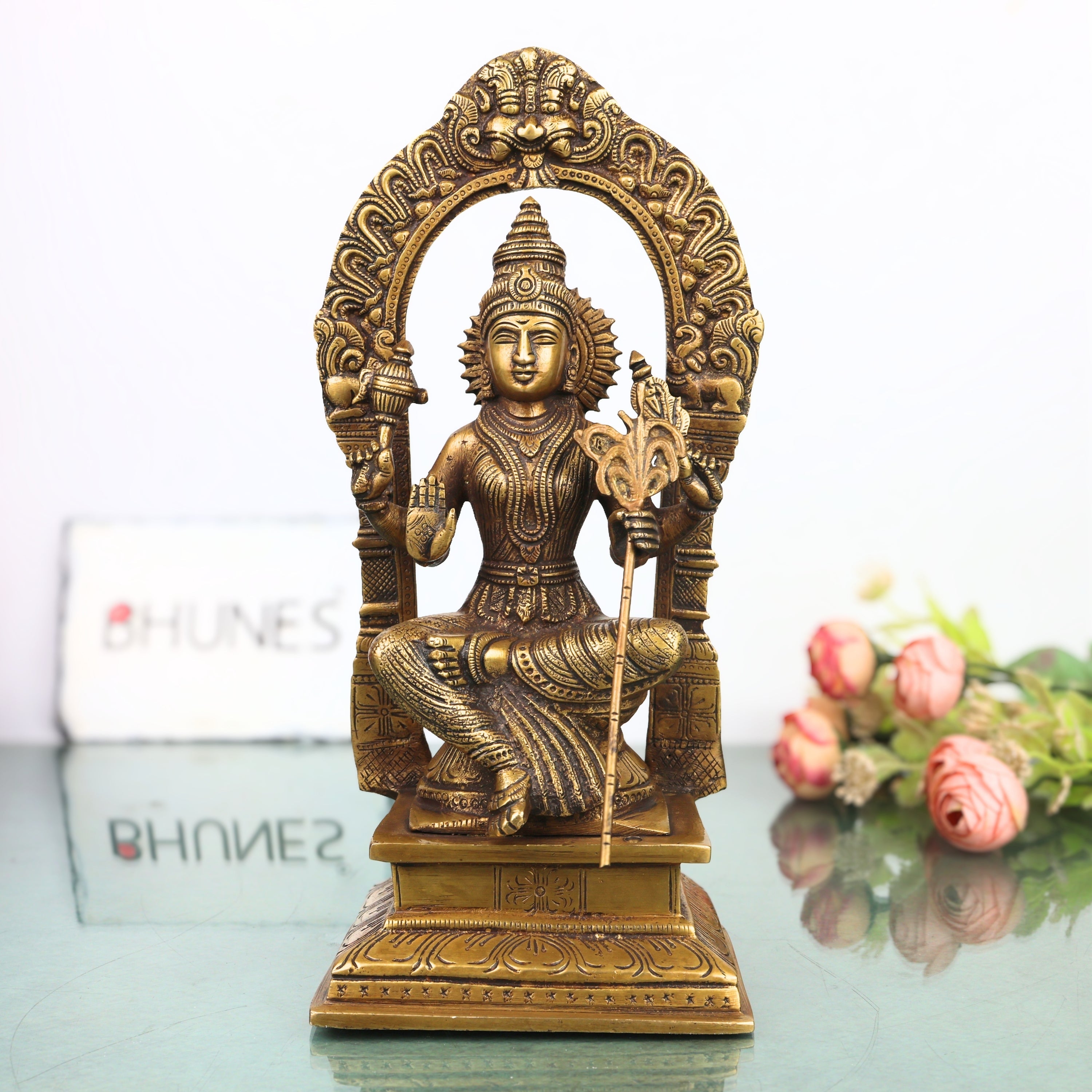 Brass Raja Rajeshwari Idol, Lalita Tripura Sundari Murti for Pooja, Home Decor, Gifting, Handcrafted Chola Art, Gold, 10.5 Inch, 1 Piece