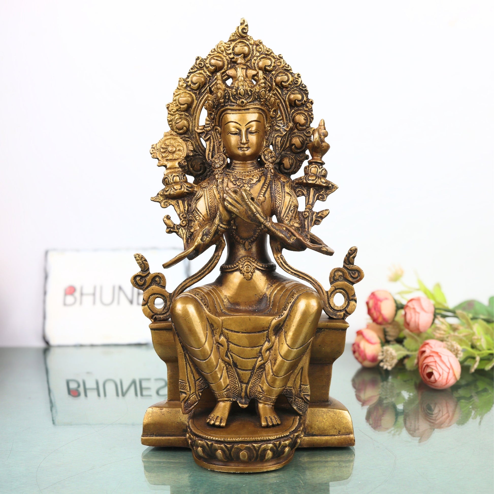 Brass Maitreya Buddha Idol, Future Buddha Ajita Bodhisattva Murti for Pooja, Home Decor, Gifting Handcrafted Traditional Sculpture, Gold, 12 Inch, 1 Piece