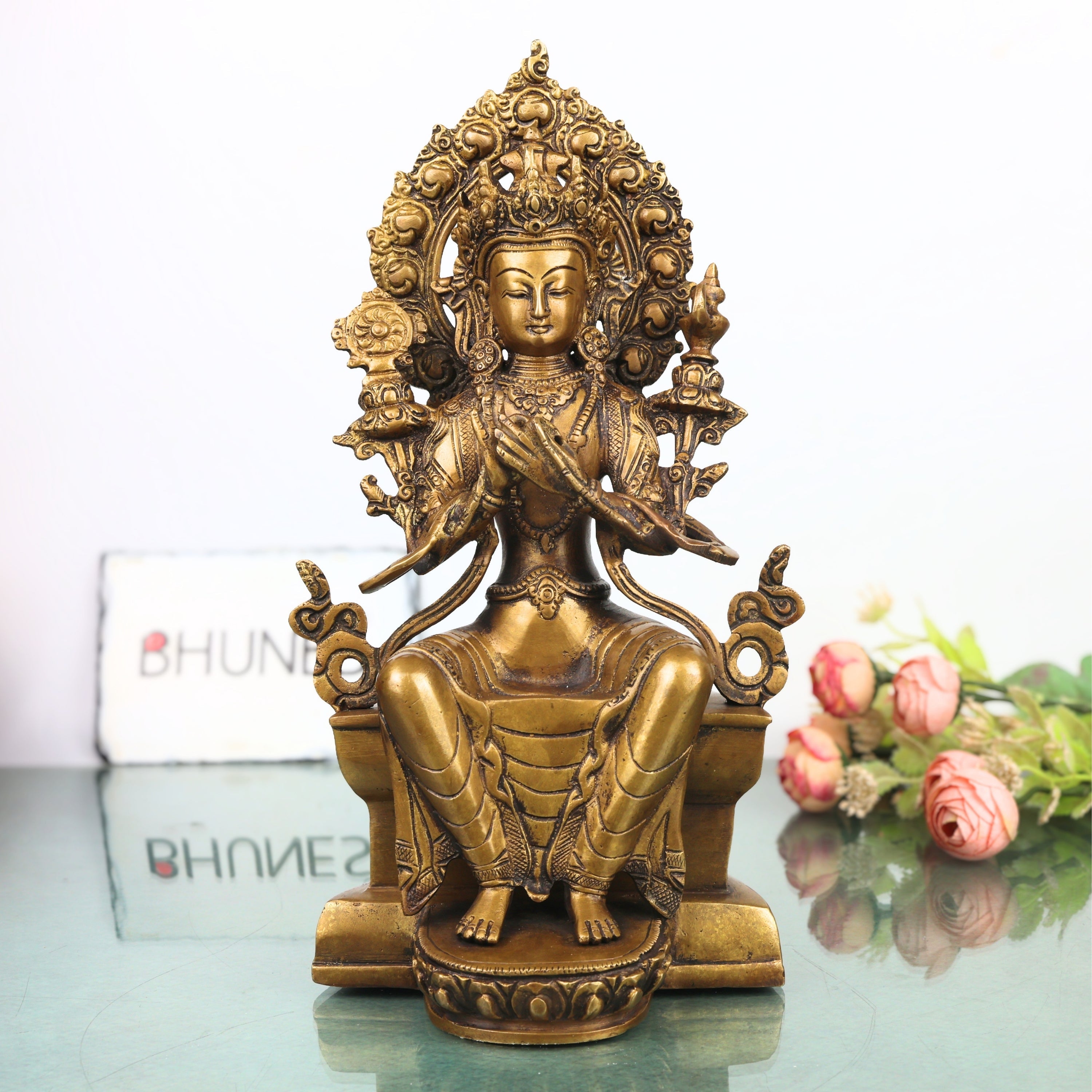 Brass Maitreya Buddha Idol, Future Buddha Ajita Bodhisattva Murti for Pooja, Home Decor, Gifting Handcrafted Traditional Sculpture, Gold, 12 Inch, 1 Piece