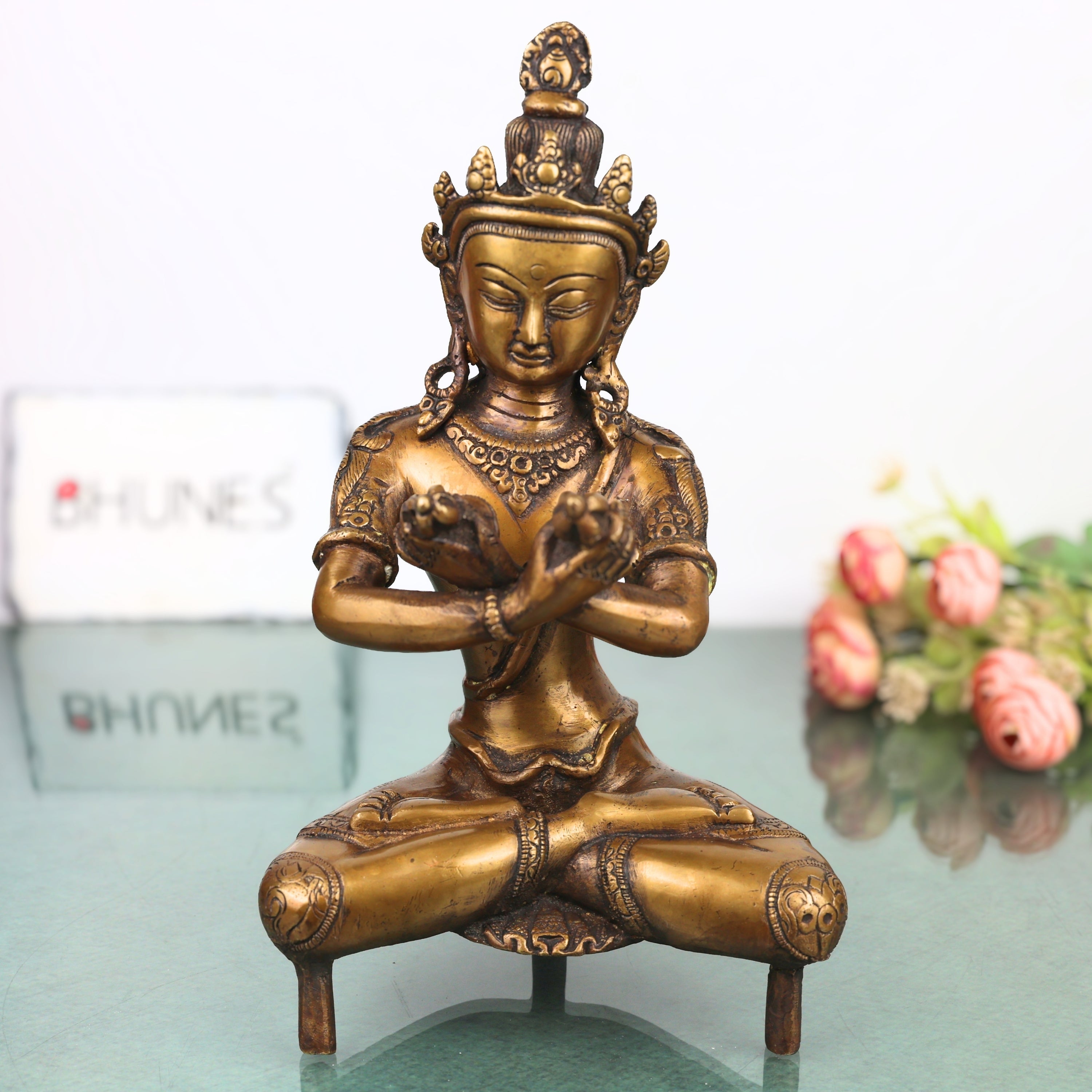 Brass Vajradhara Sattva Idol Statue Murti, Handcrafted Traditional Buddhist Sculpture for Pooja Decor Gifting, Gold, 11.5 Inch, 1 Piece